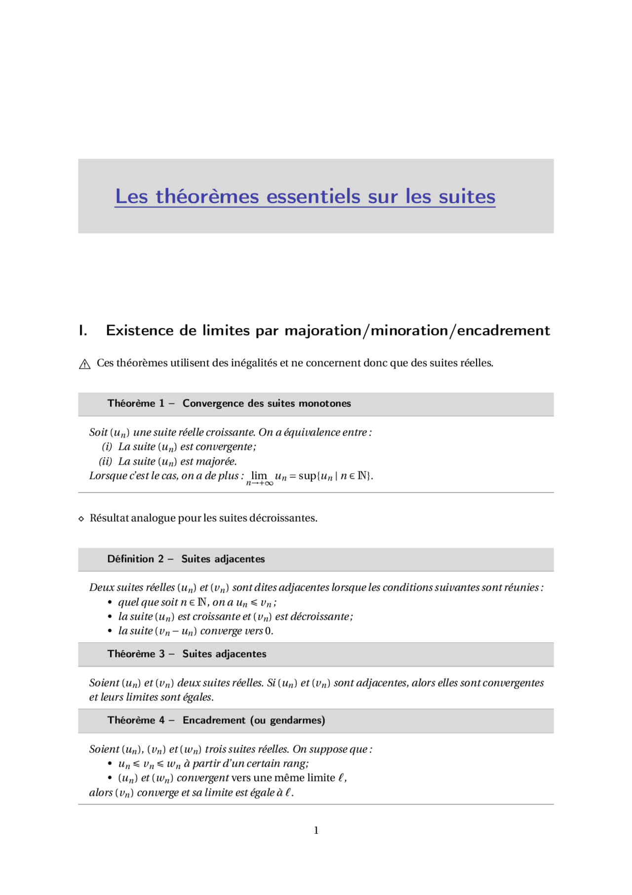 Théorèmes essentiels sur les suites: limites par majoration/minoration ...