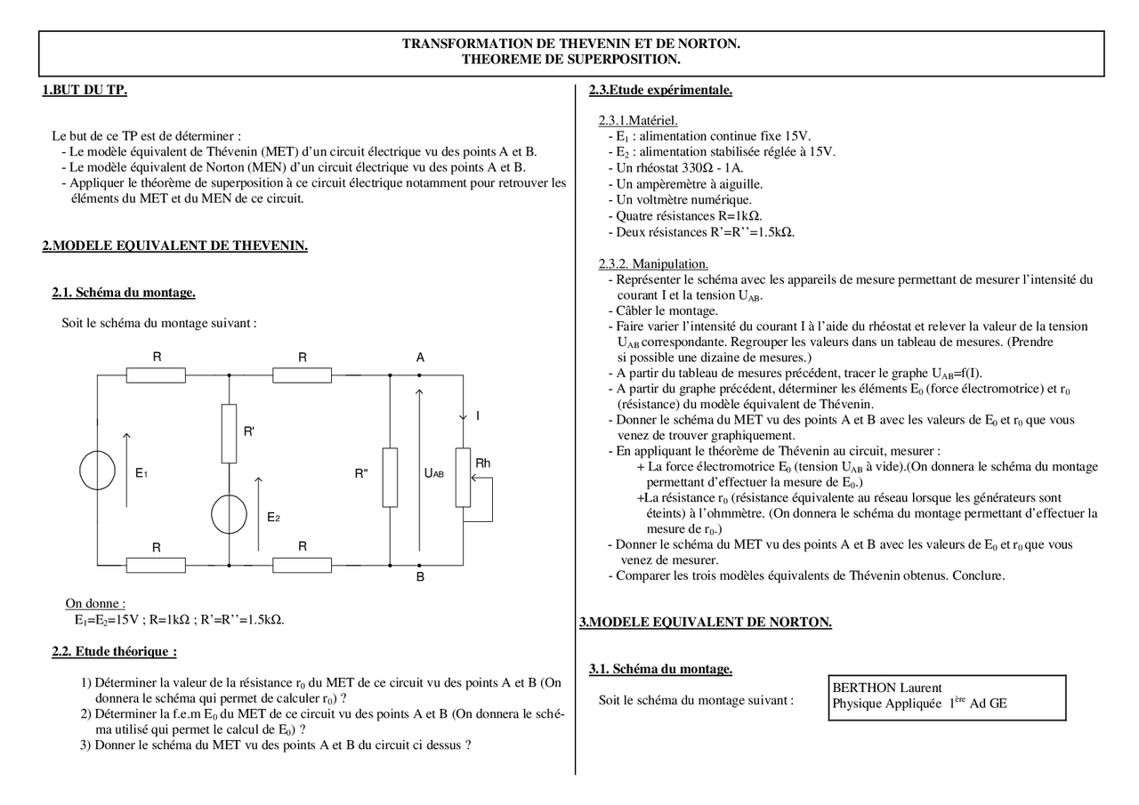 Théorème de Thevenin et de Norton avec schéma Résumés Electronique de base Docsity