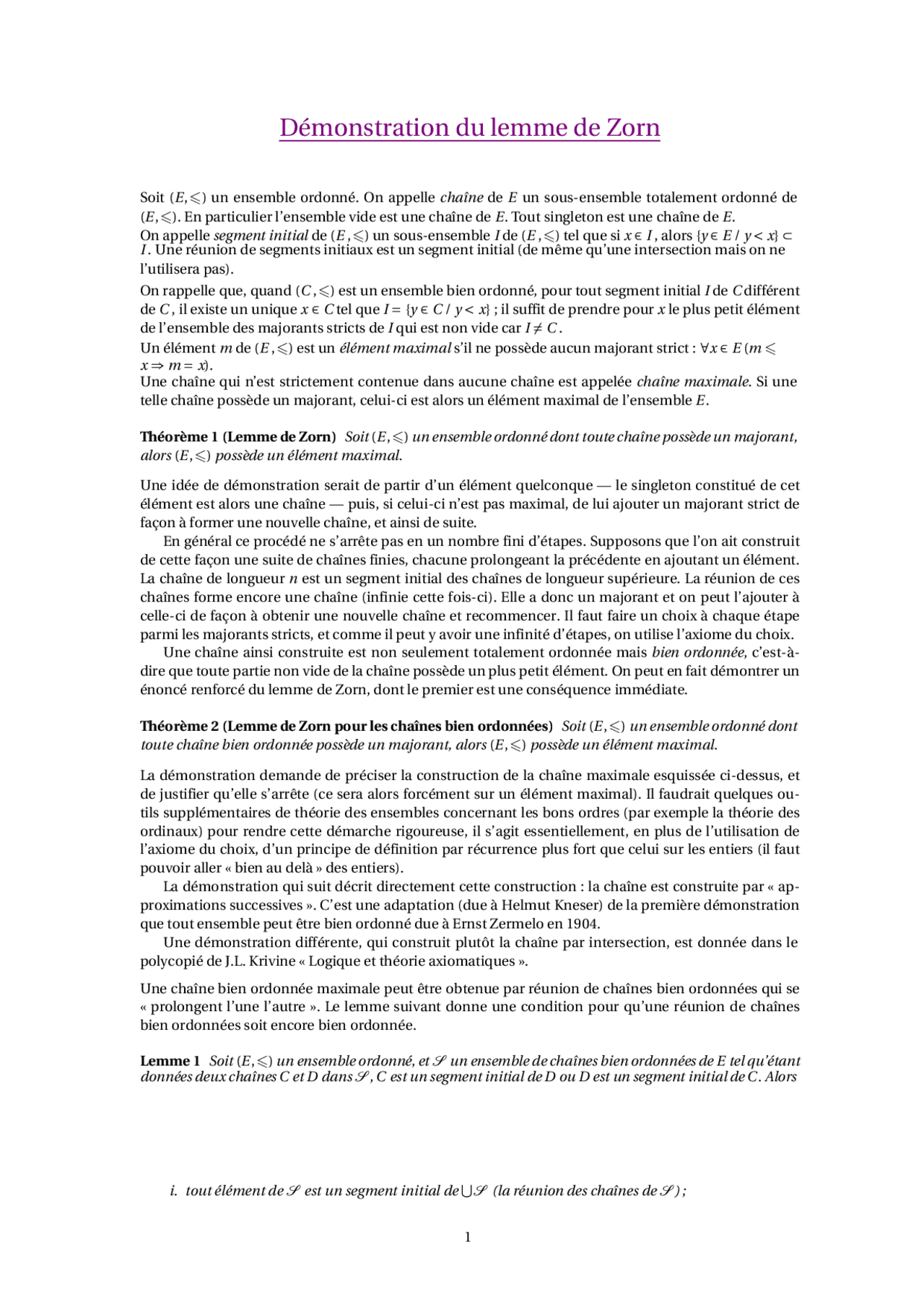 Démonstration du lemme de Zorn Résumés Mathématiques Docsity — free download