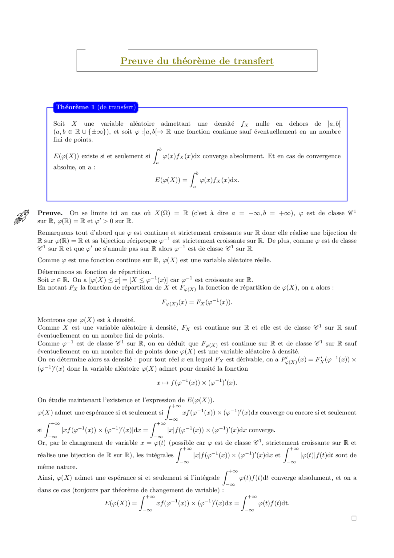 Preuve du théorème de transfert | Résumés Probabilités et statistiques ...
