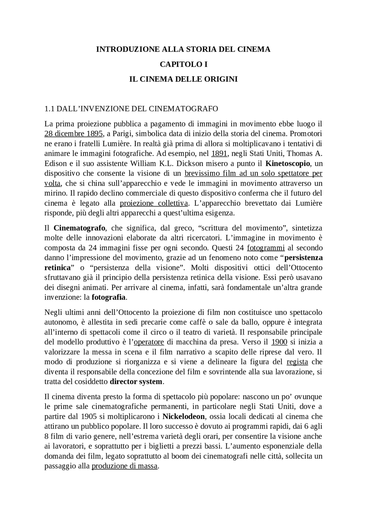 Storia del Cinema, Il cinema delle origini Docsity