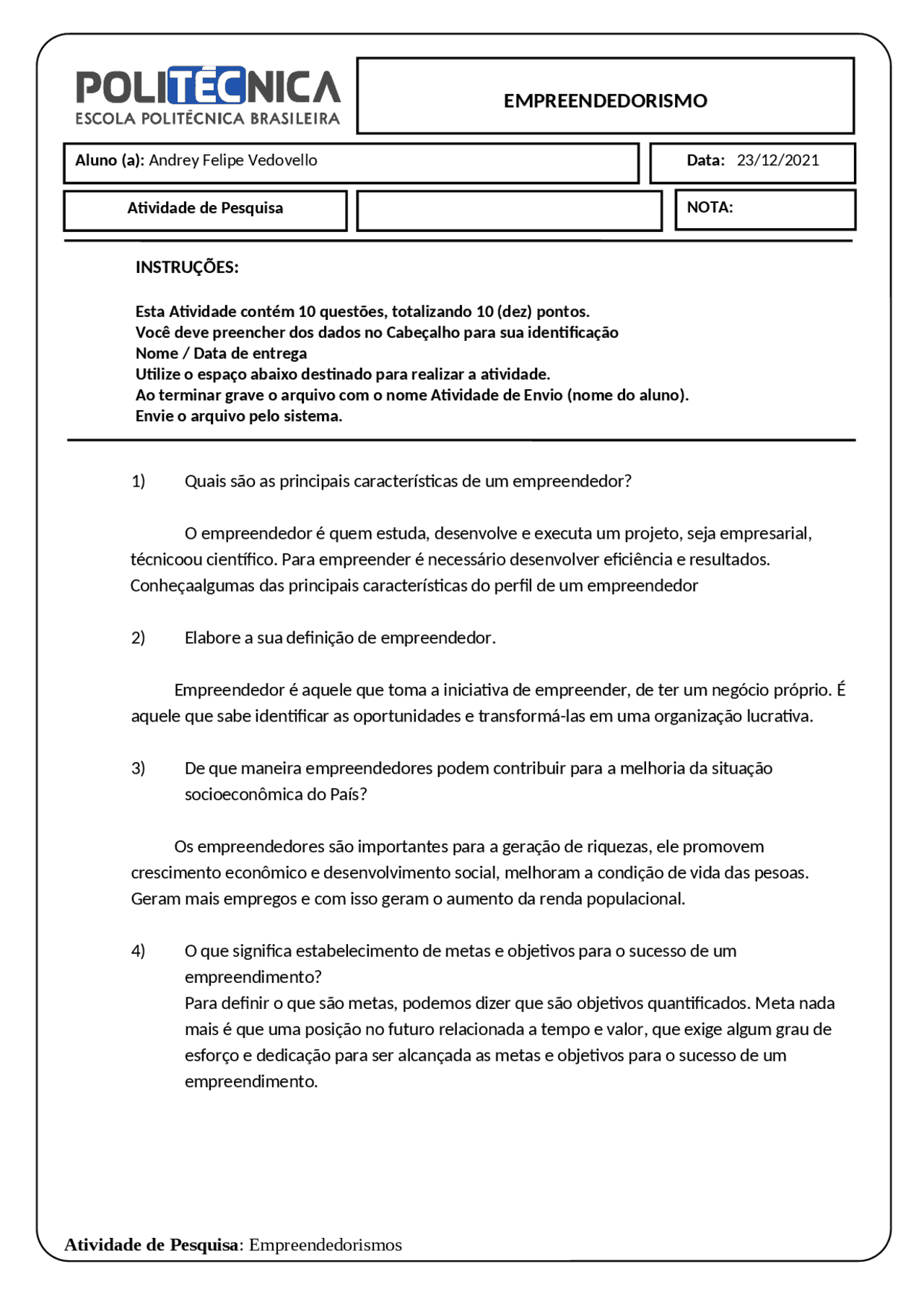 Atividade de empreendedorismo | Exercícios Empreendedorismo | Docsity