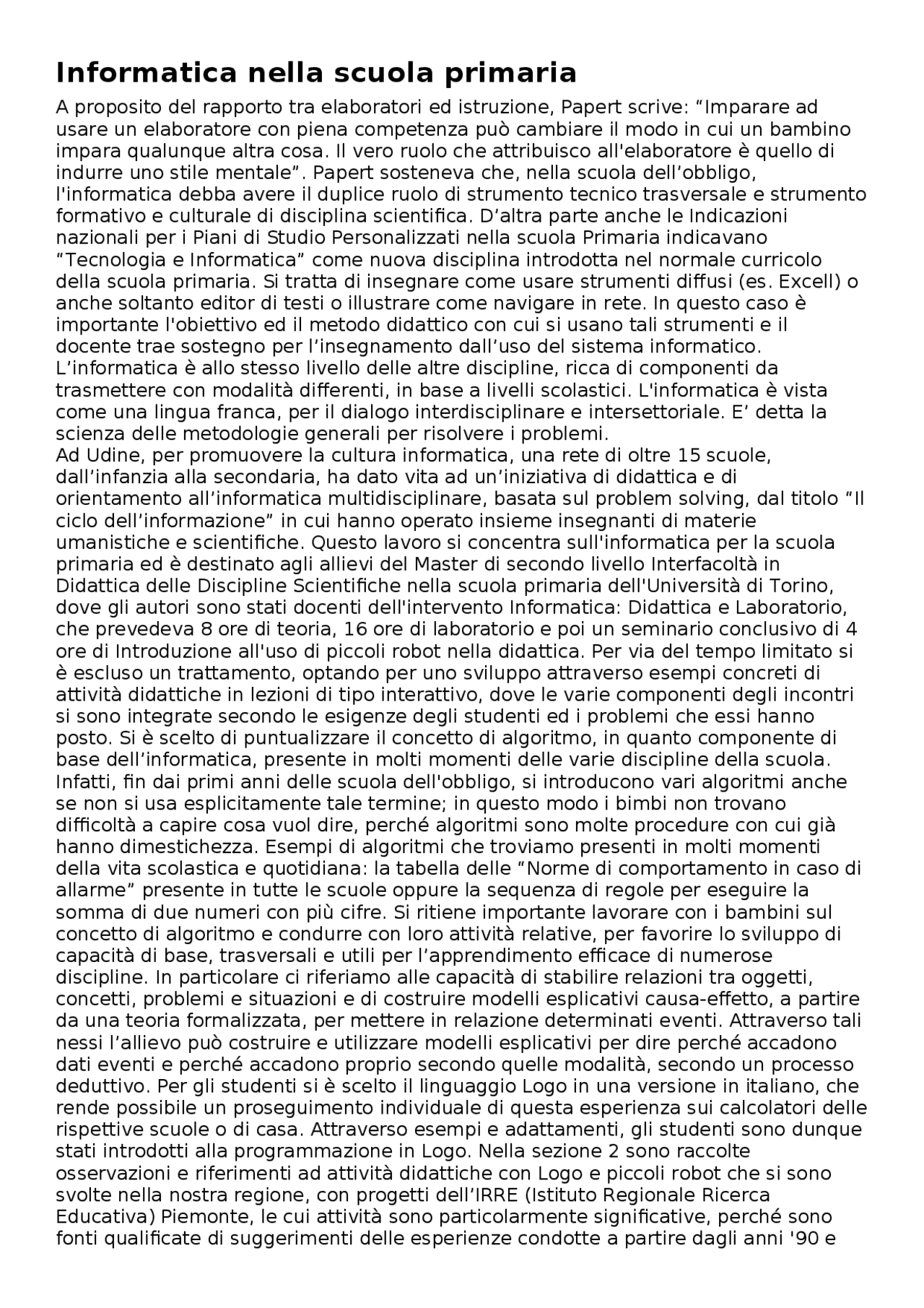 Informatica nella scuola primaria - Docsity