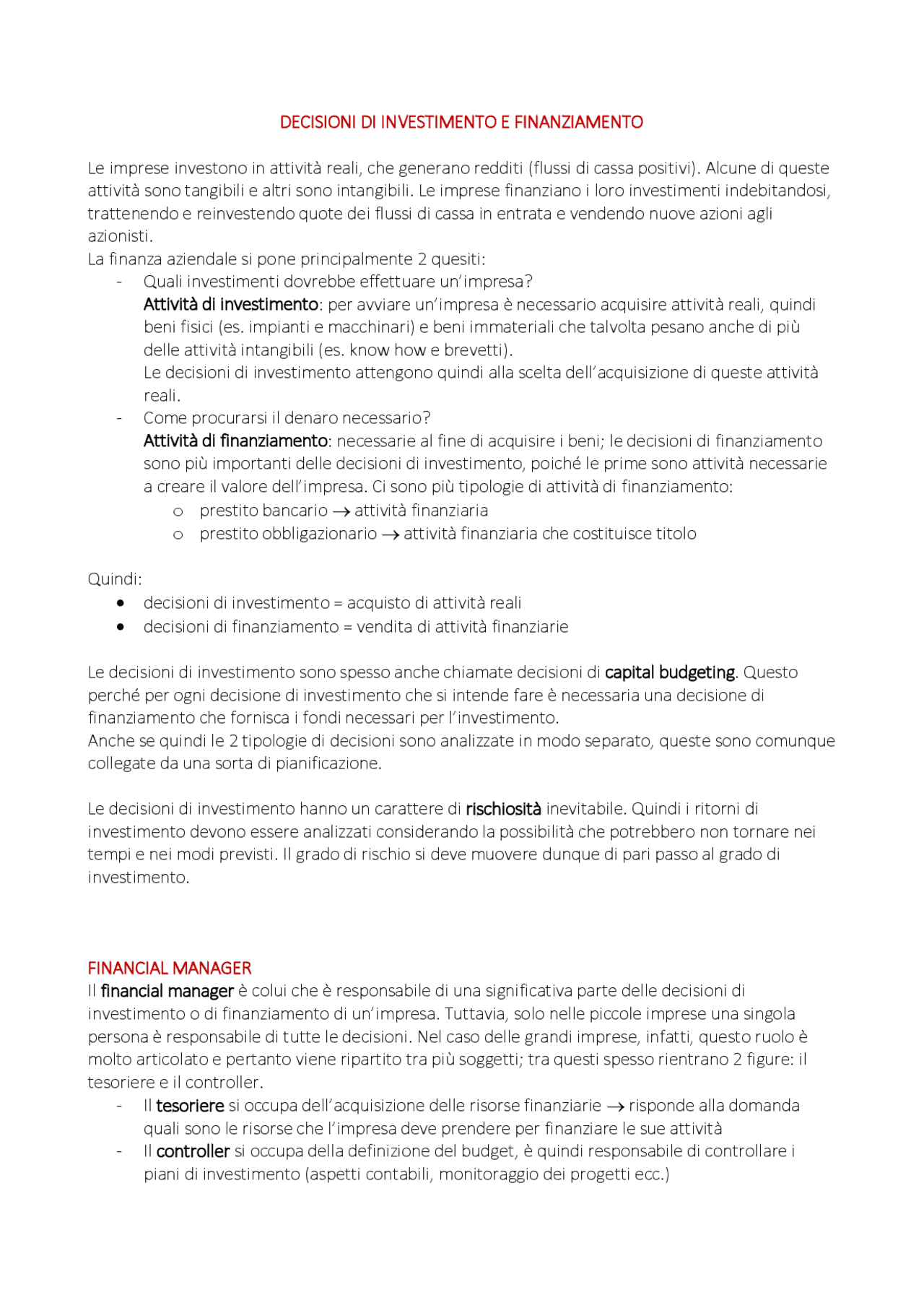 APPUNTI DI TUTTE LE LEZIONI DI FINANZA AZIENDALE (Prof. Paolo Agnese ...