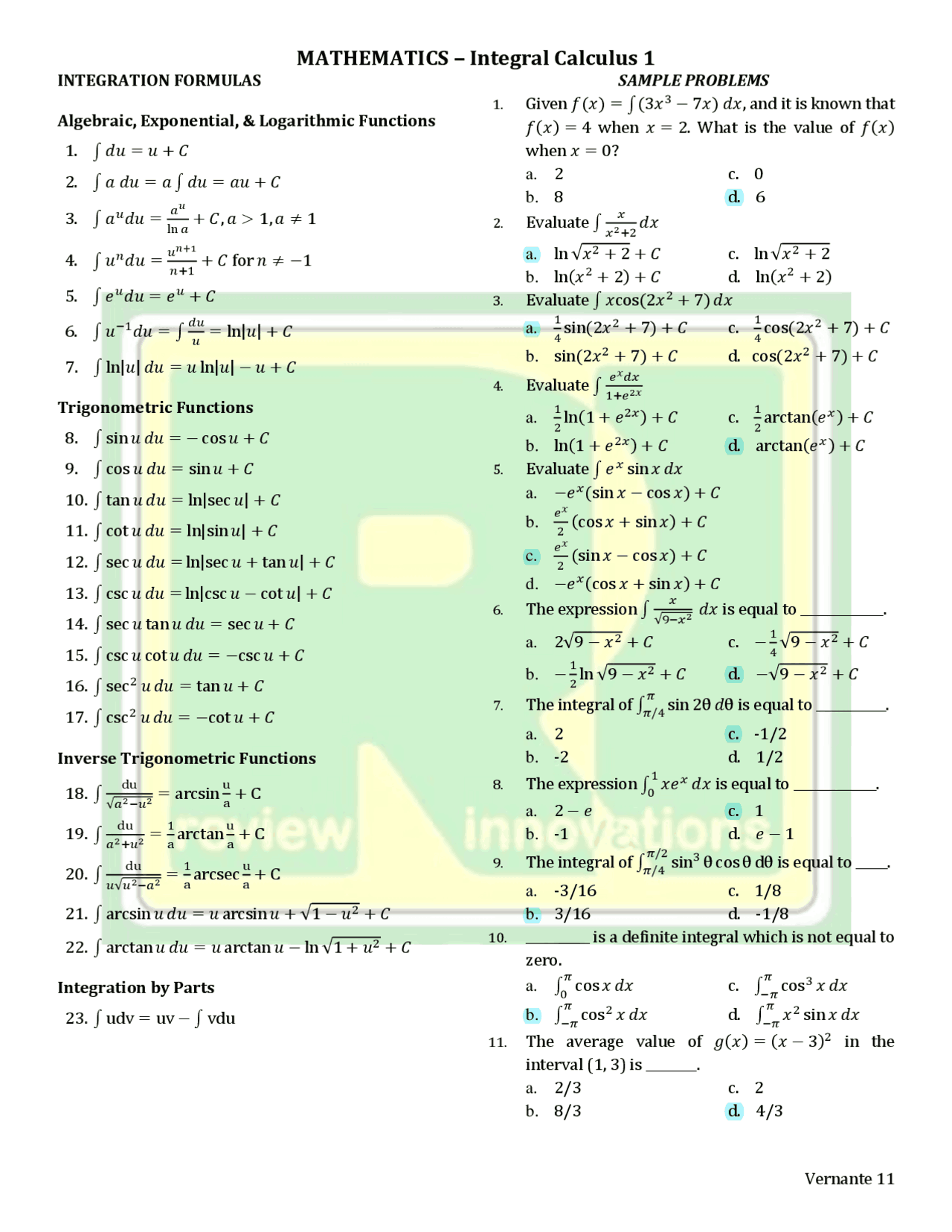 Integral Calculus Summary notes with practice problem - Docsity