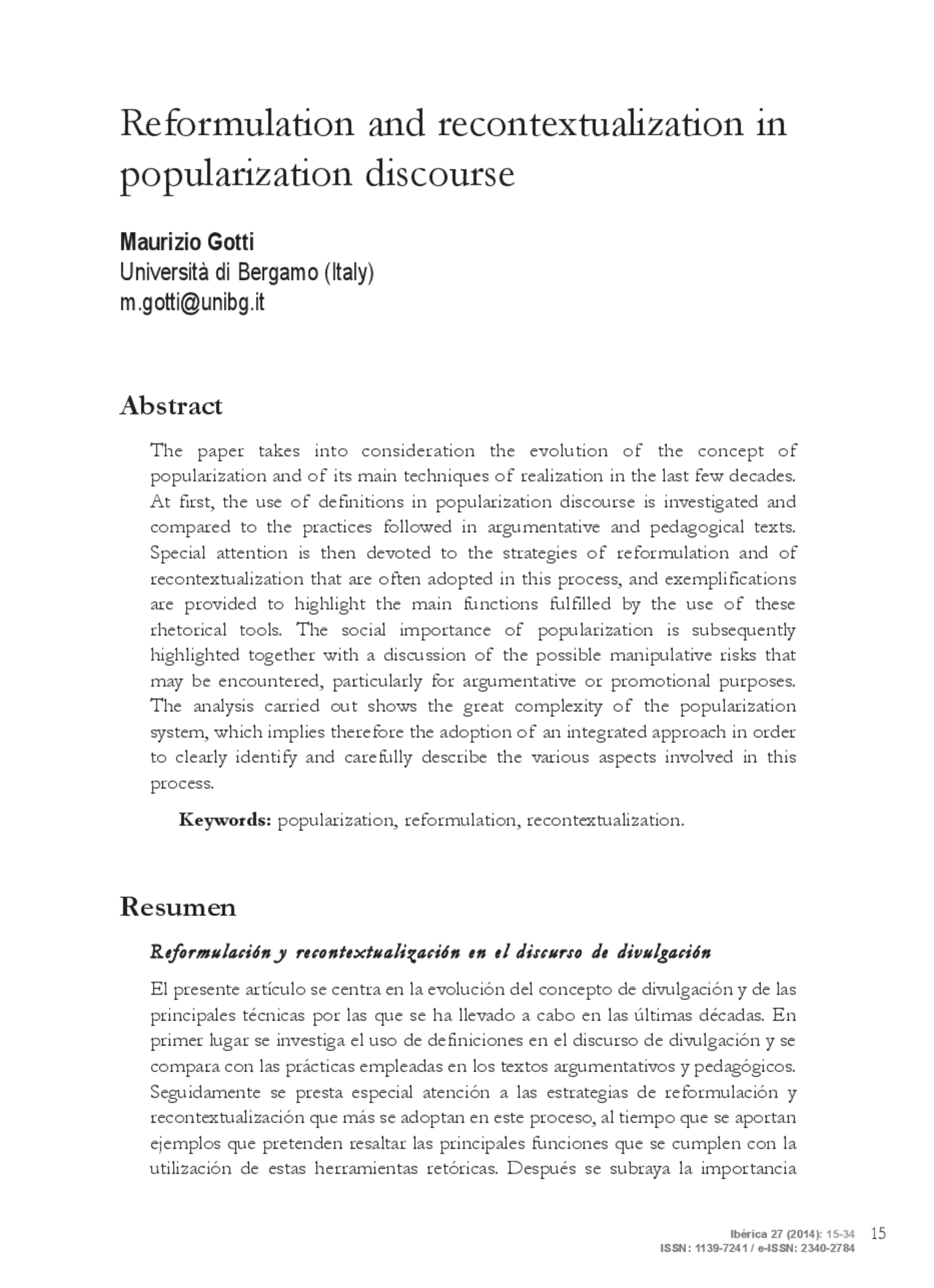 Reformulation and recontextualization - Gotti - Docsity