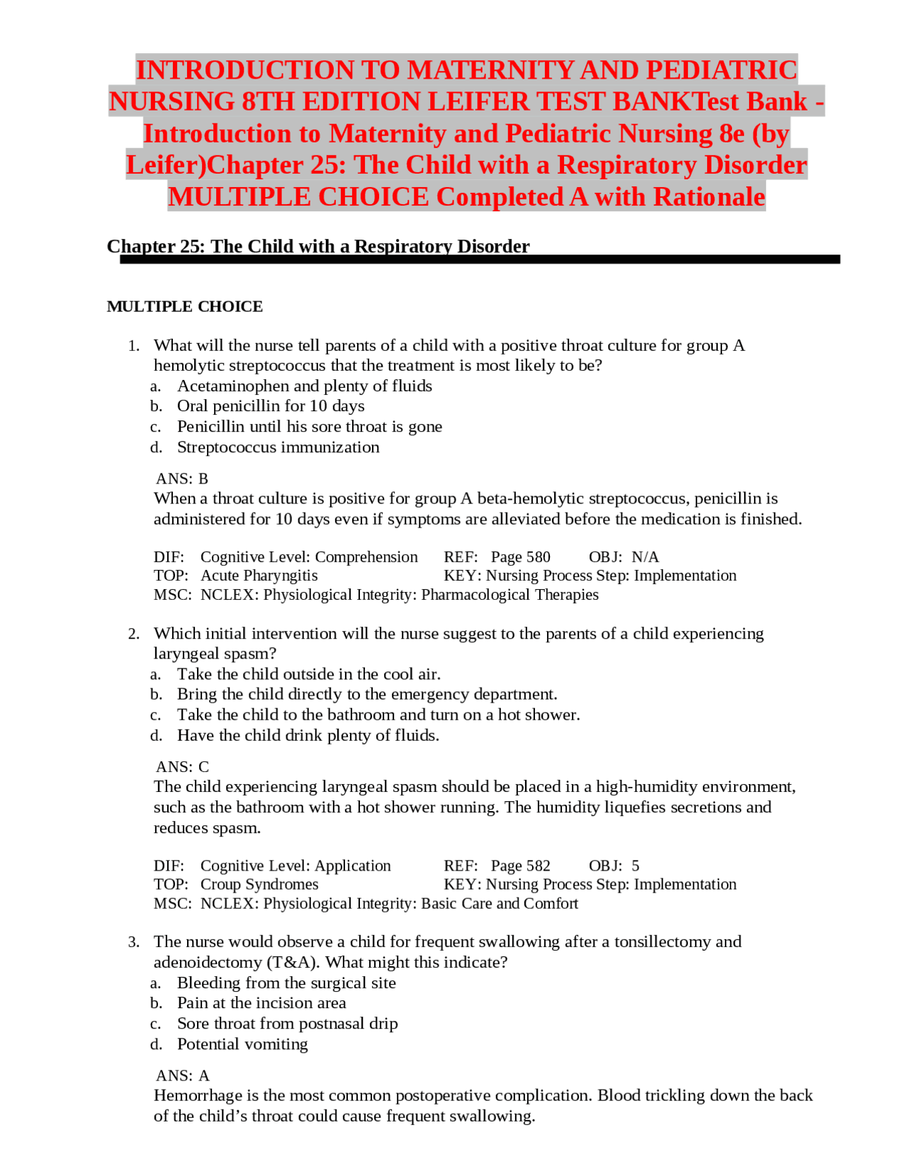 INTRODUCTION TO MATERNITY AND PEDIATRIC NURSING 8TH EDITION LEIFER TEST