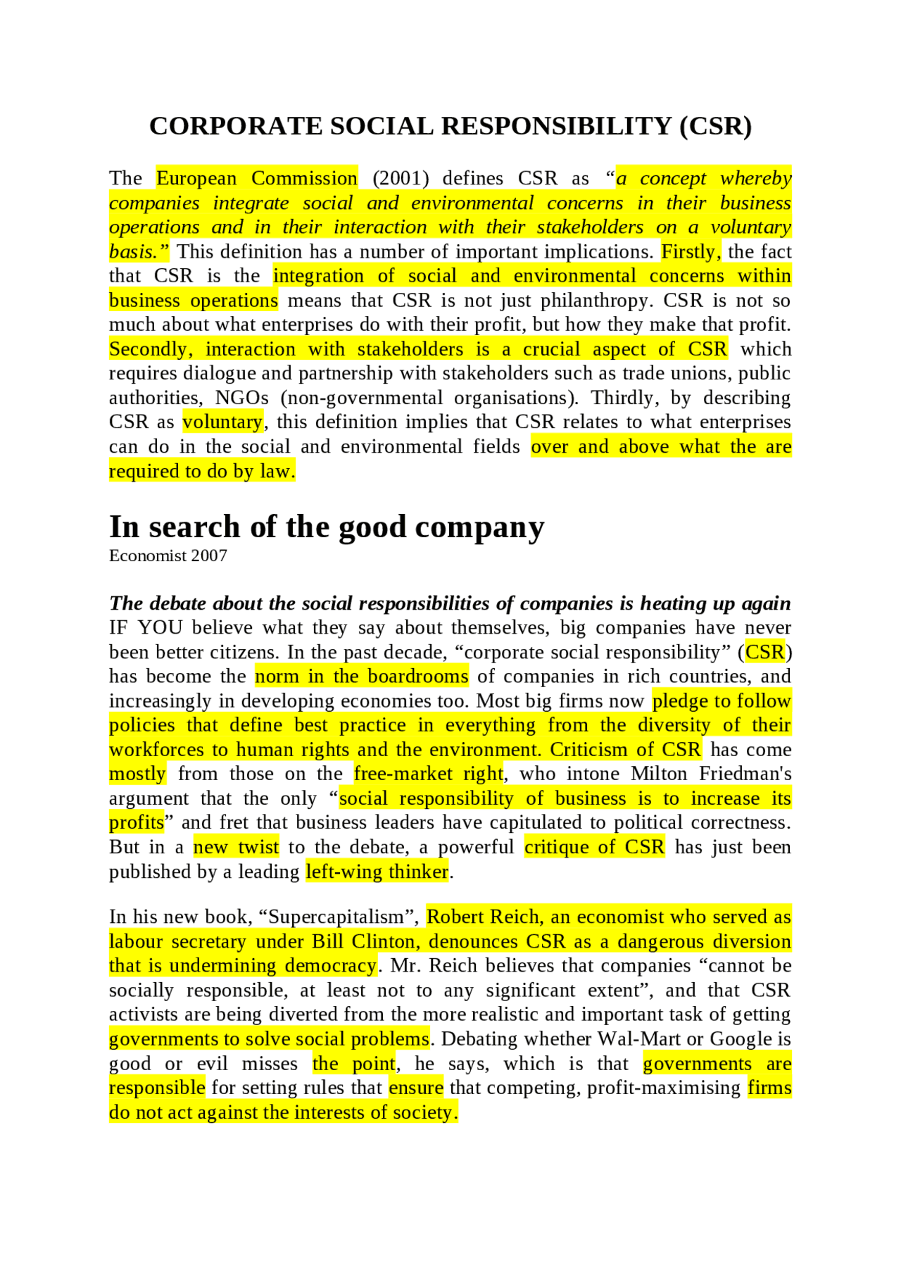 Csr Text Examples CORPORATE SOCIAL RESPONSIBILITY (CSR) - Docsity