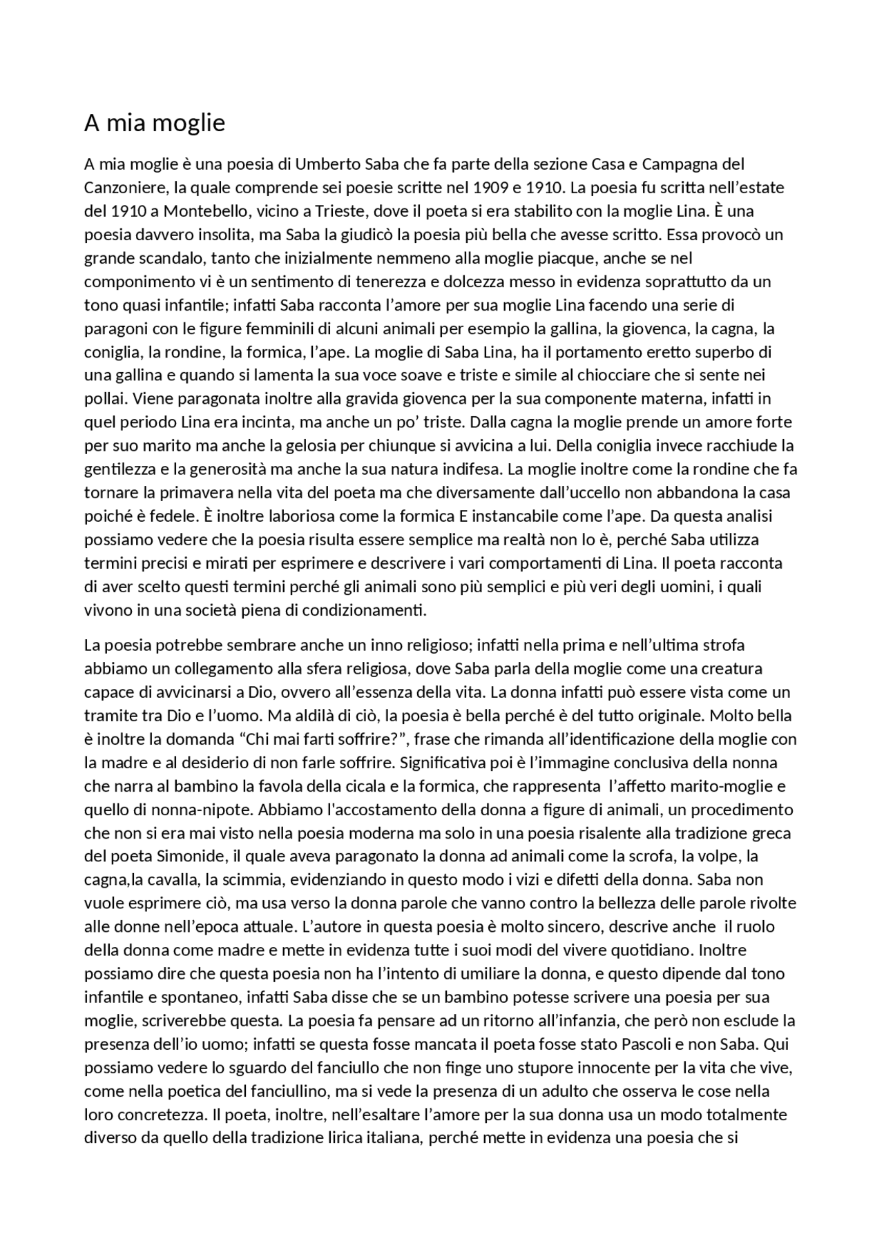 A mia moglie di Umberto saba poesia del canzoniere Docsity A mia moglie di Umberto saba poesia del canzoniere Docsity