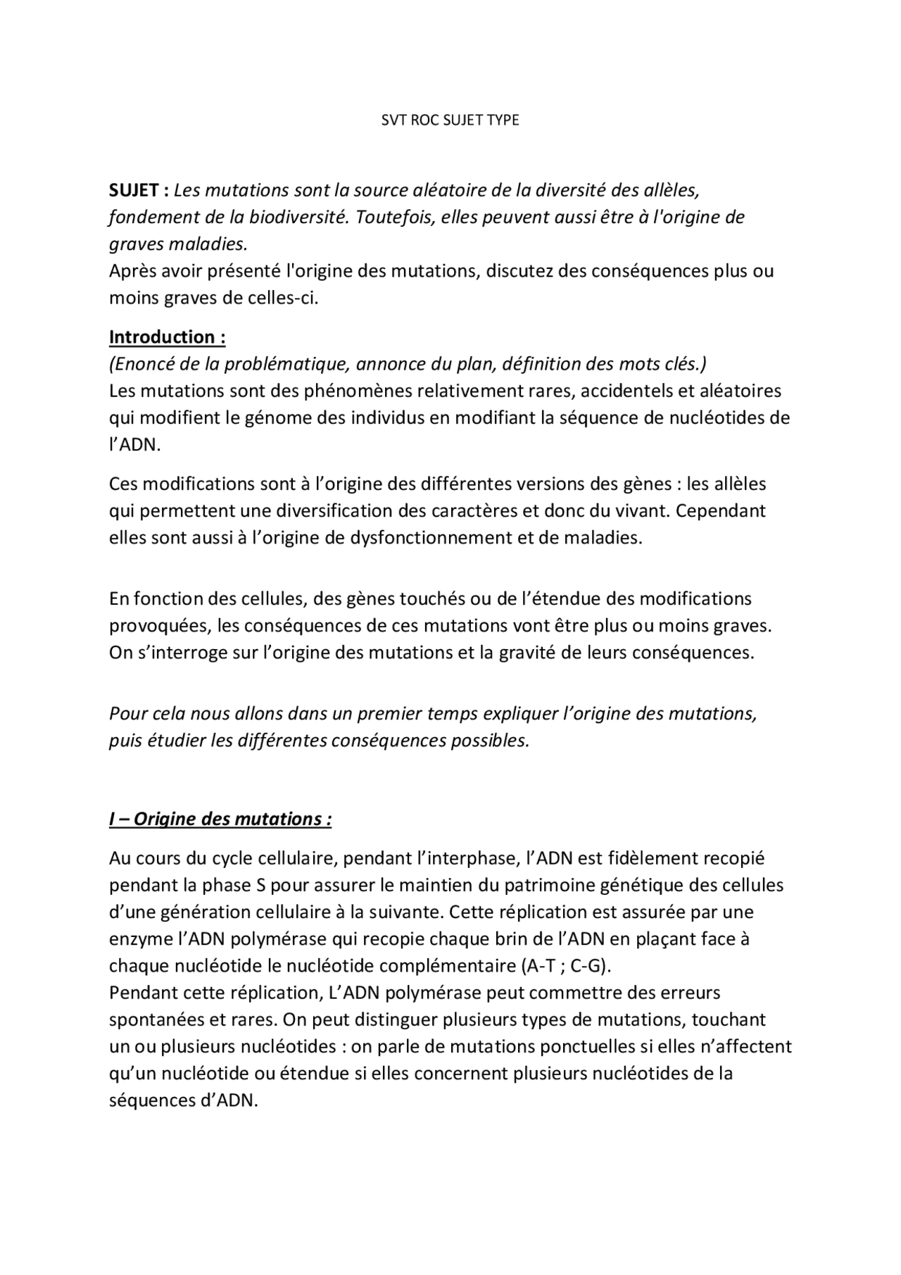 Exercice Type 1 Svt Exemple Exercice type 1 : ROC sur les mutations en sciences de la vie et de la  Terre | Essays (high school) Environmental science | Docsity