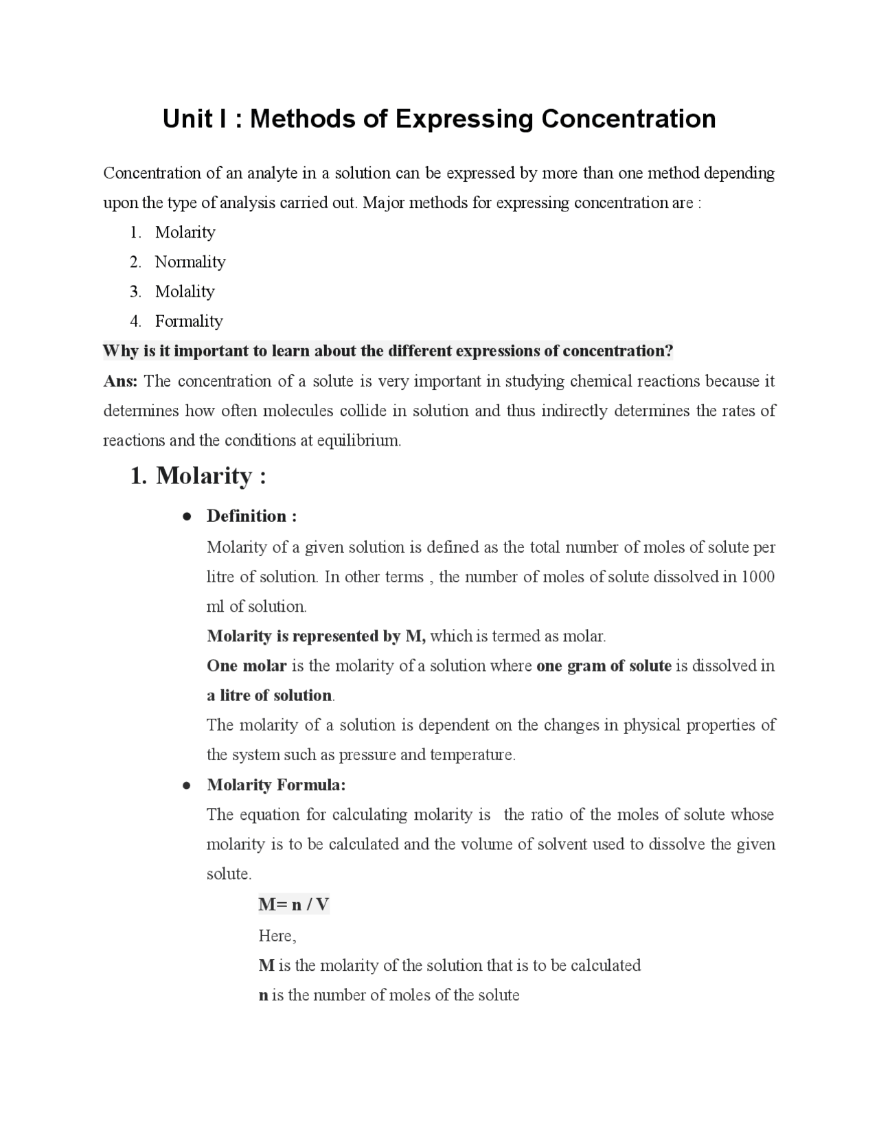 Methods of Expressing Concentration | Study notes Chemistry | Docsity