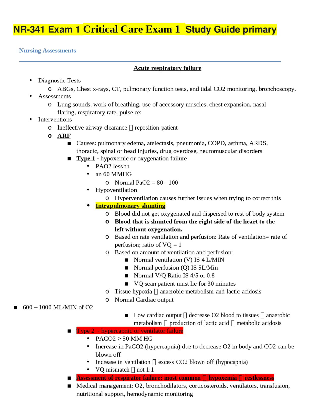 NR-341 Exam 1 Critical Care Exam 1 Study Guide primary - Docsity