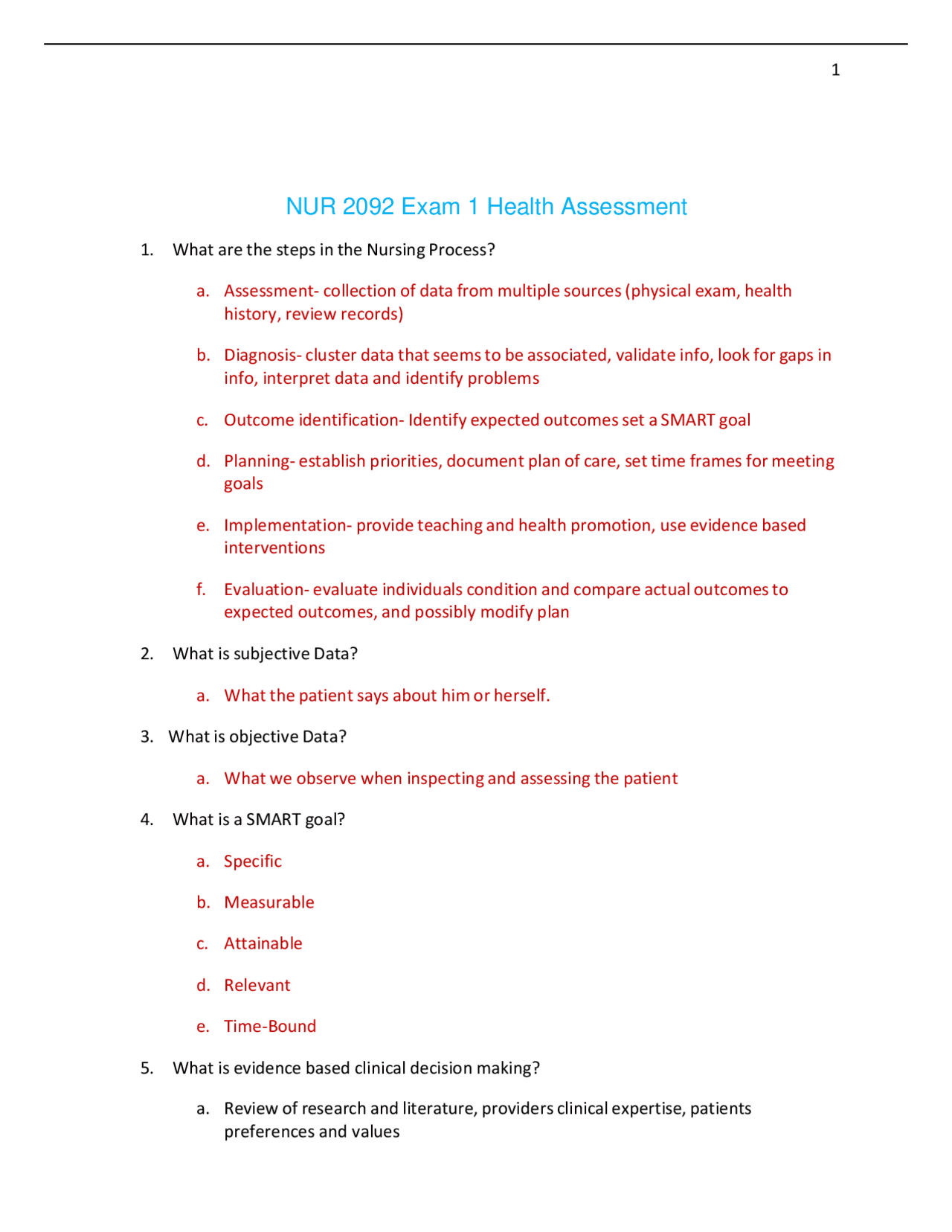 NUR2092 / NUR 2092 Exam 1 (Latest 2022 / 2023): Health Assessment ...