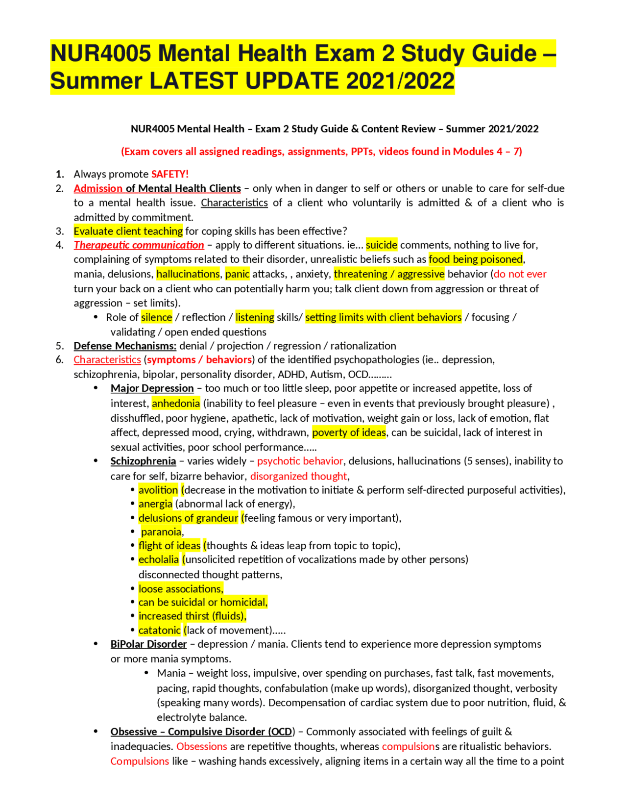NUR4005 Mental Health Exam 2 Study Guide – Summer LATEST UPDATE 2021/ ...
