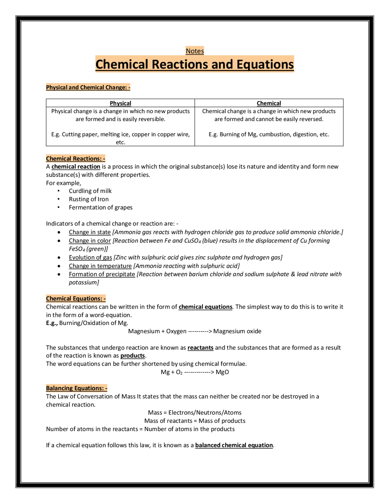 Notes Chemical Reactions And Equations Docsity