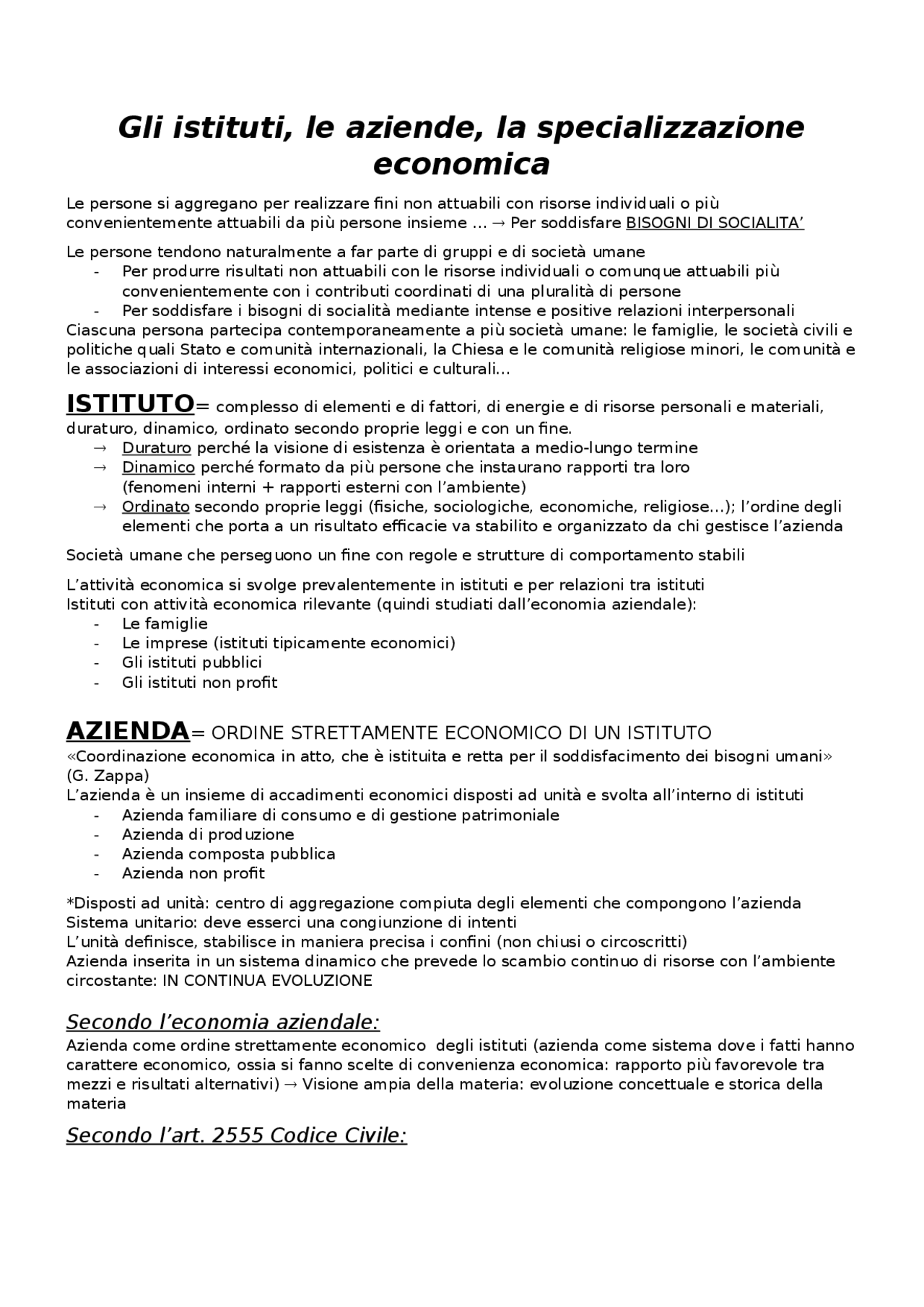 Gli istituti, le azienda, la specificità economica - Docsity