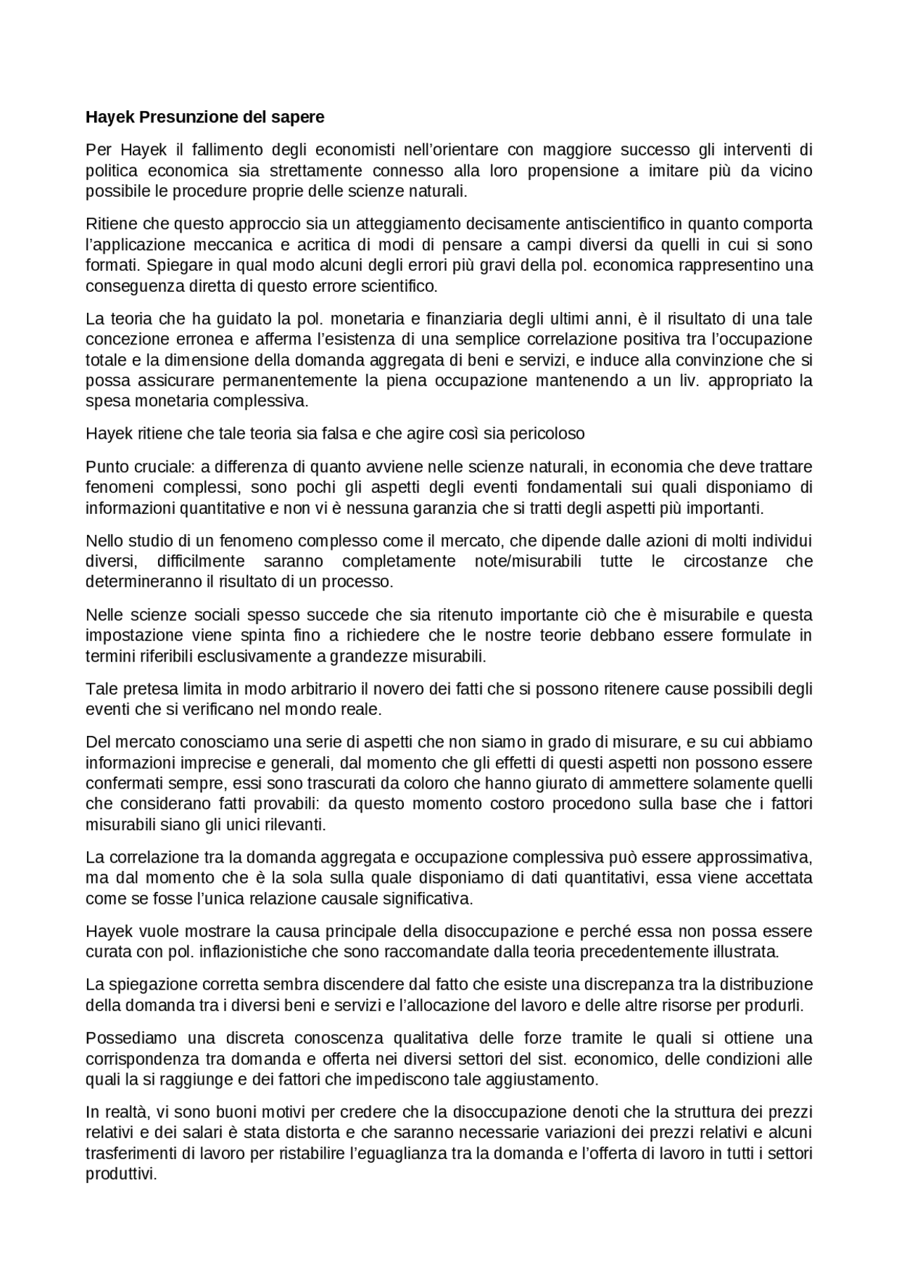 Appunti Hayek, sulla presunzione del sapere e l'uso della conoscenza