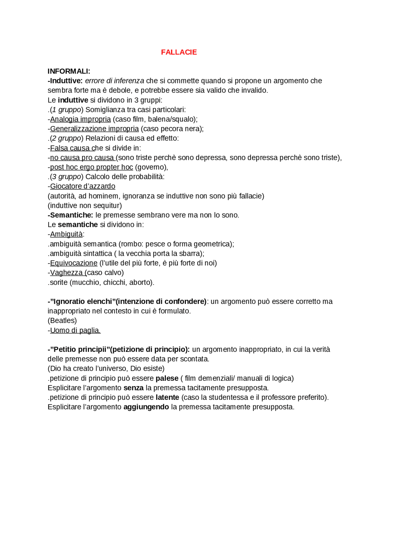 Fallace informali per teoria dell'argomentazione - Docsity