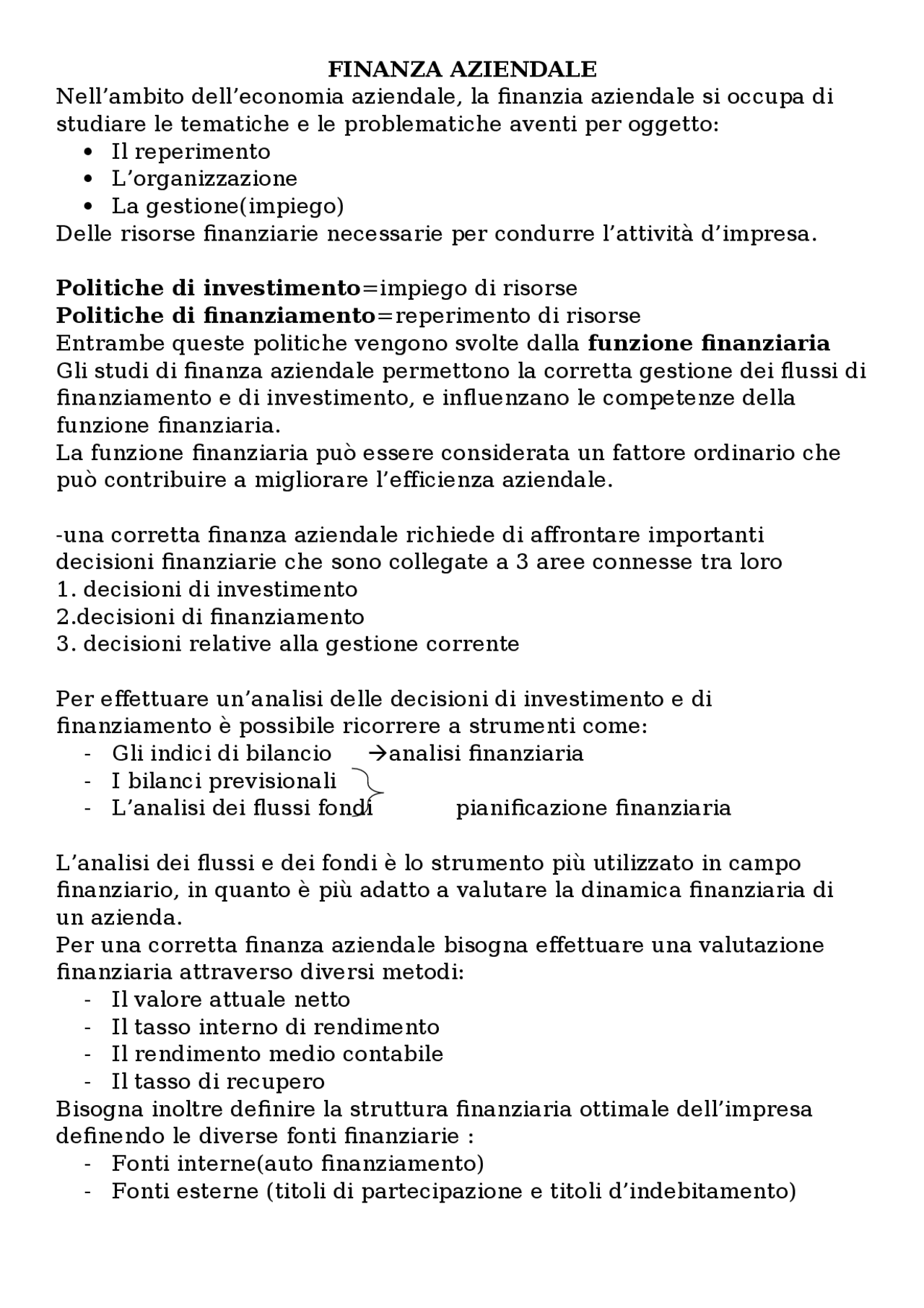 RIASSUNTO FINANZA AZIENDALE | Appunti di Finanza Aziendale | Docsity
