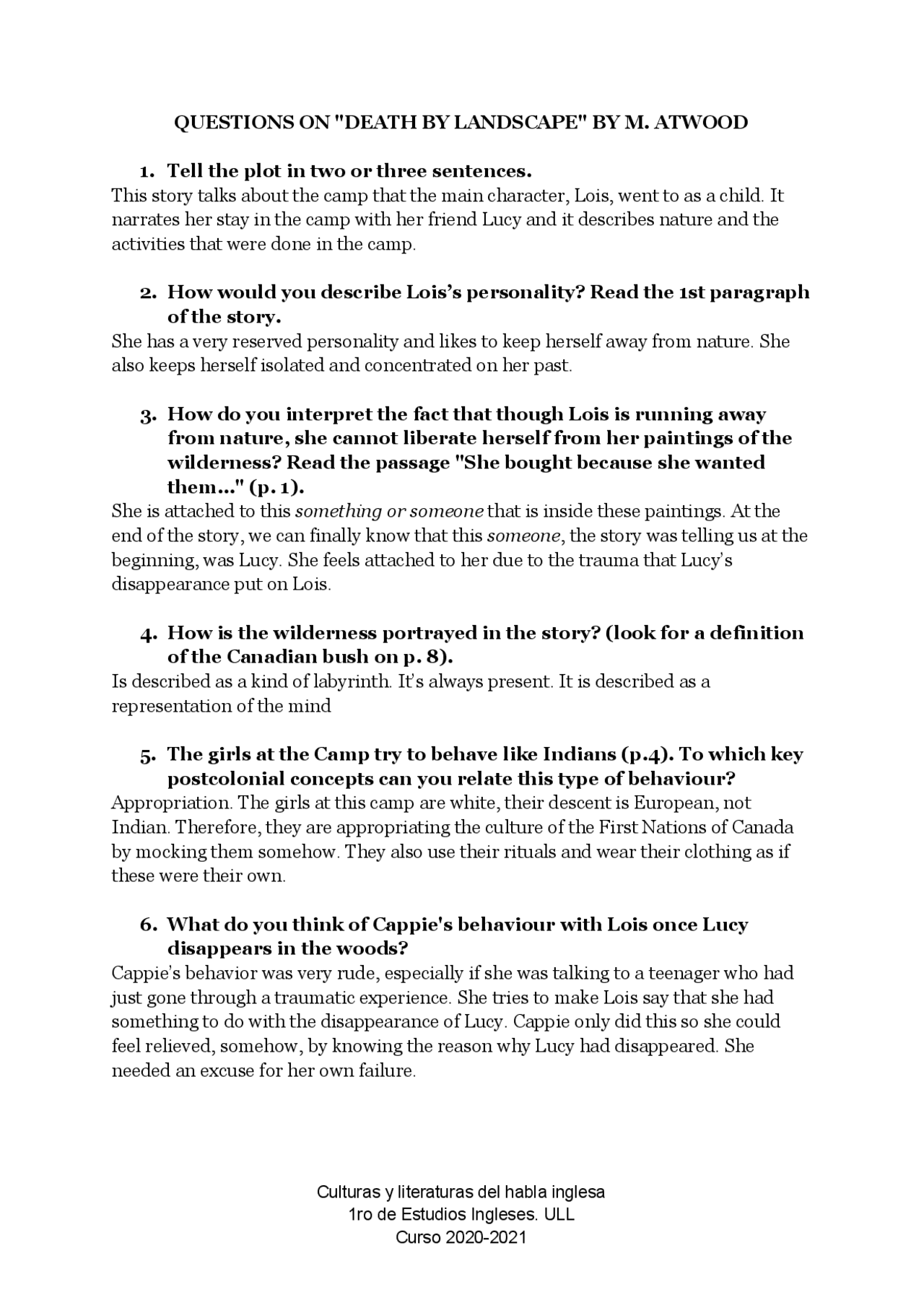 SEMINAR 3 ''DEATH BY LANDSCAPE'' BY MARGARET ATWOOD - Docsity