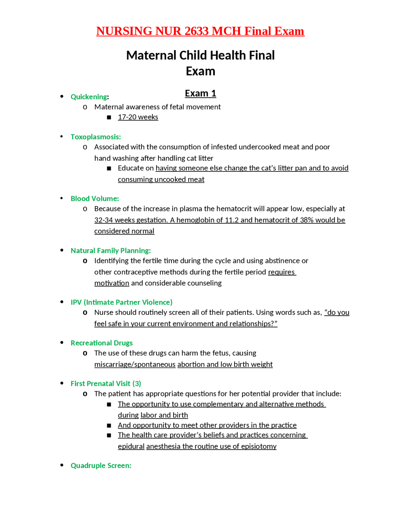 NURSING NUR 2633 MCH Final Exam - Docsity