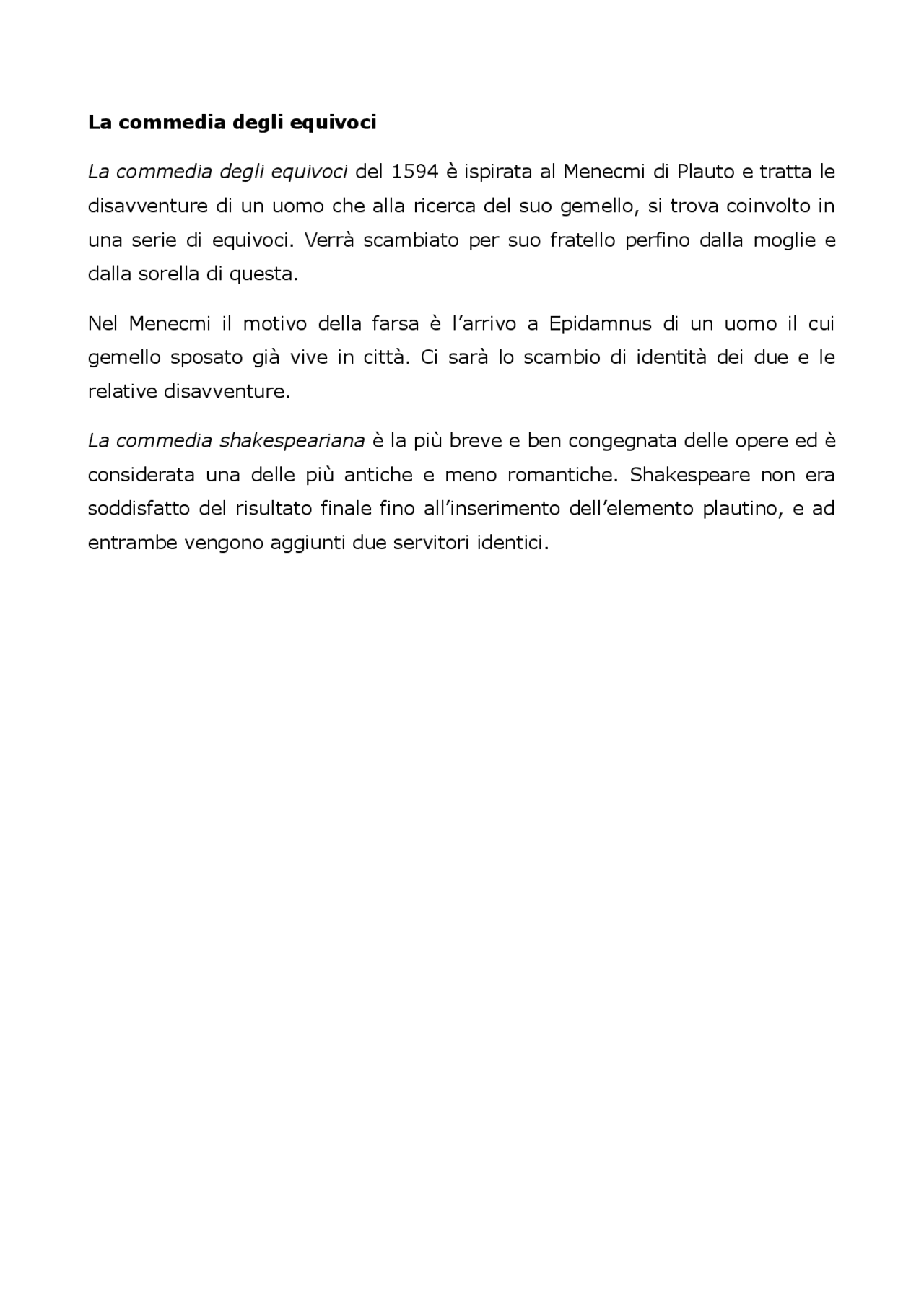 La commedia degli equivoci Shakespeare Docsity