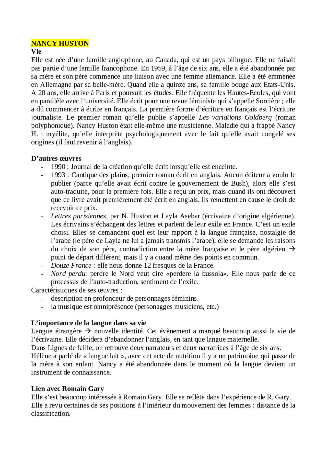 Lignes de faille, Nancy Huston Docsity