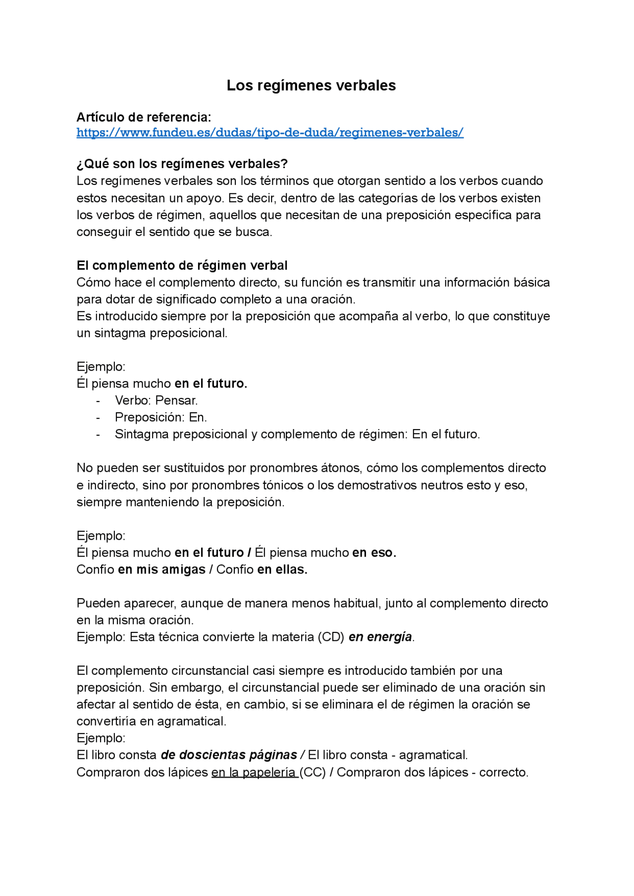 Apuntes Complemento de Regimen Verbal - Docsity