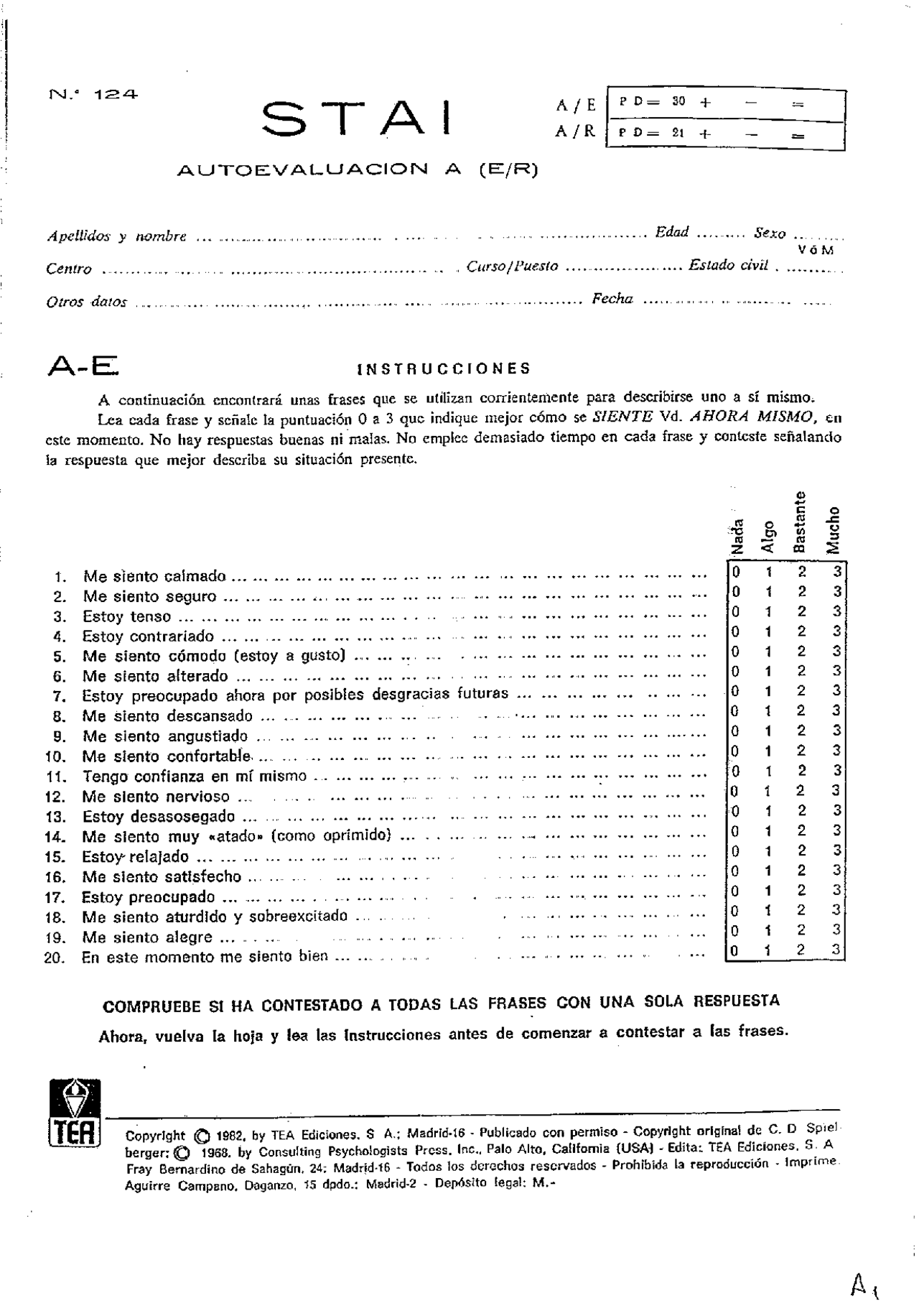 STAI, test de ansiedad estado rasgo para adultos | Exámenes ...