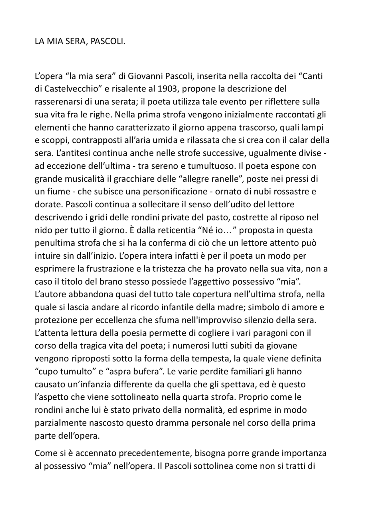 parafrasi la mia sera pascoli