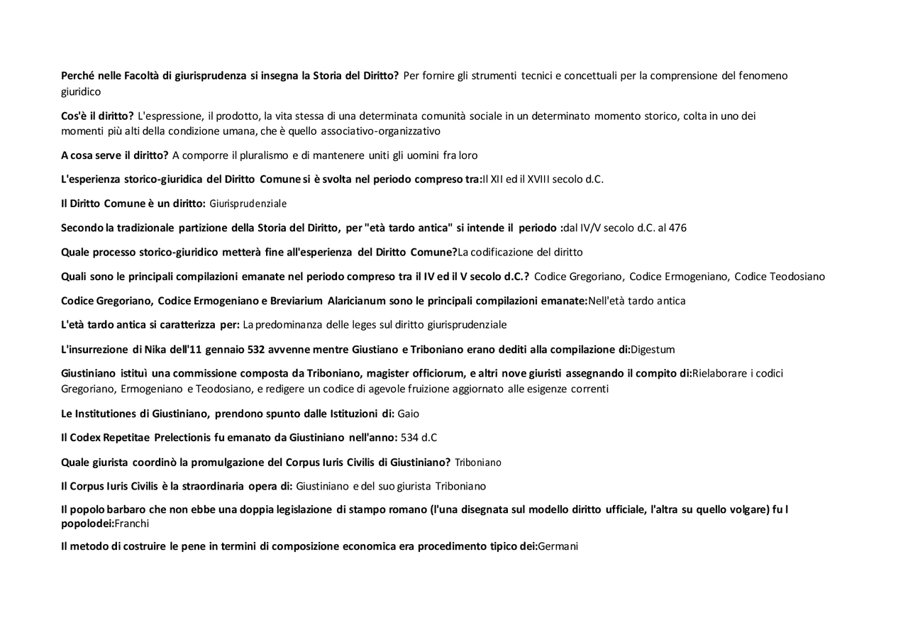 PANIERE - STORIA DEL DIRITTO ITALIANO - DOMANDE CHIUSE - VERIFICATO