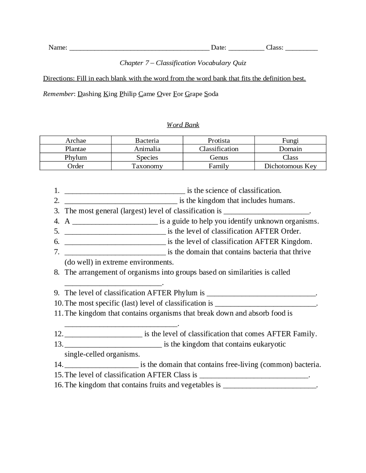 Classification Quiz for Living Things | Quizzes Earth science | Docsity