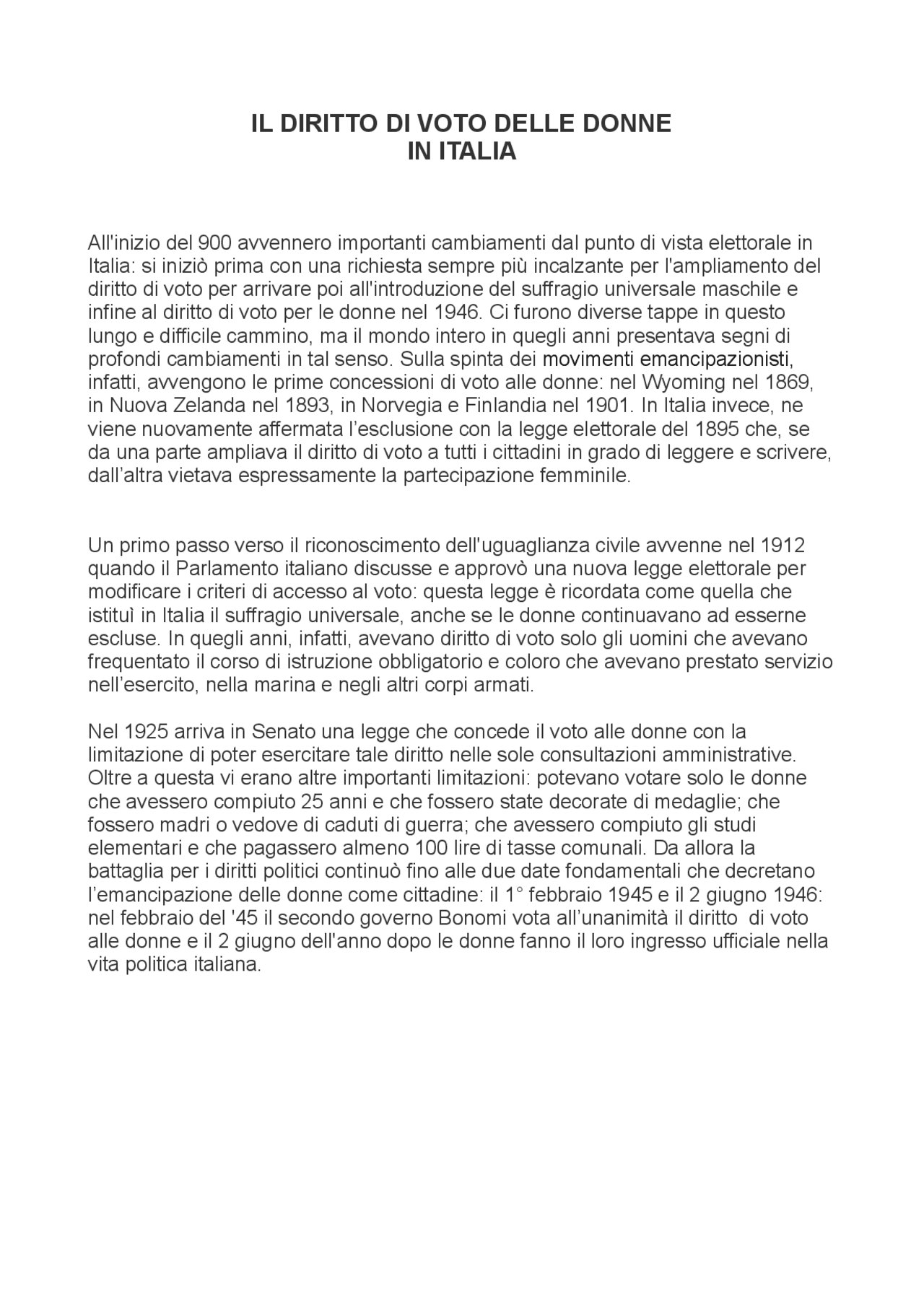 IL DIRITTO DI VOTO DELLE DONNE IN ITALIA - Docsity