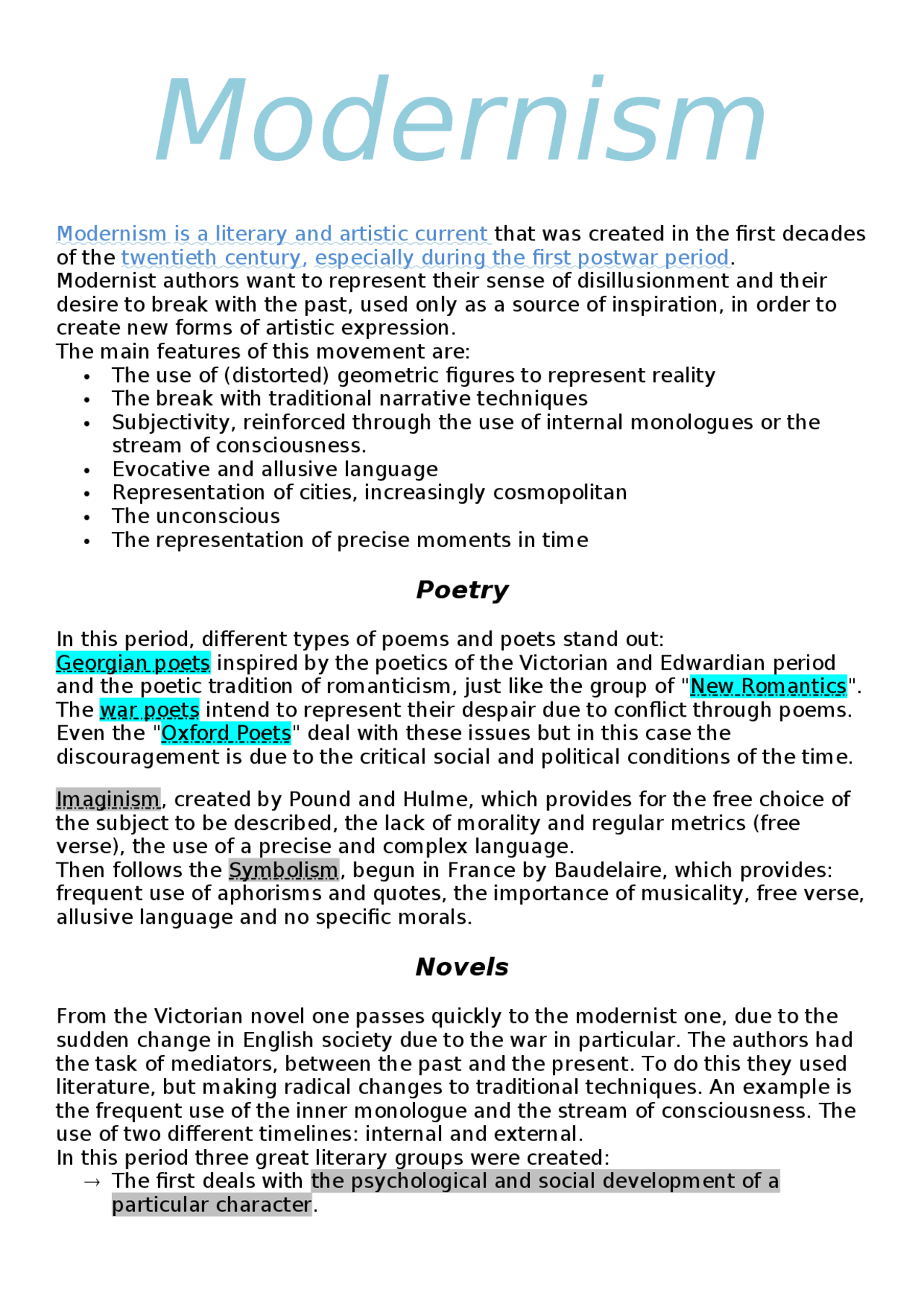 English literature: Modernism - Docsity