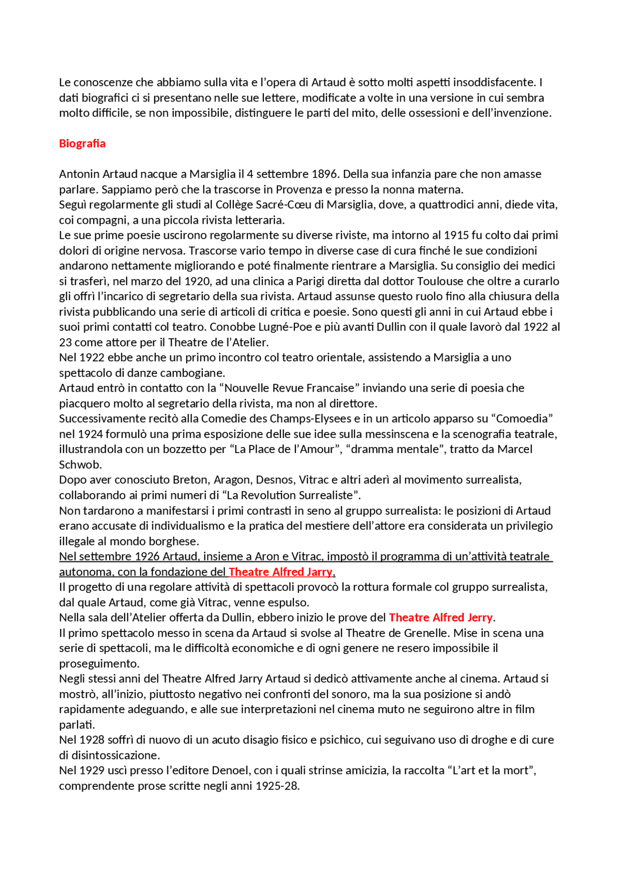 Artaud Il teatro e il suo doppio Sintesi del corso di Storia del Teatro e dello Spettacolo Artaud Il teatro e il suo doppio Sintesi del corso di Storia del Teatro e dello Spettacolo
