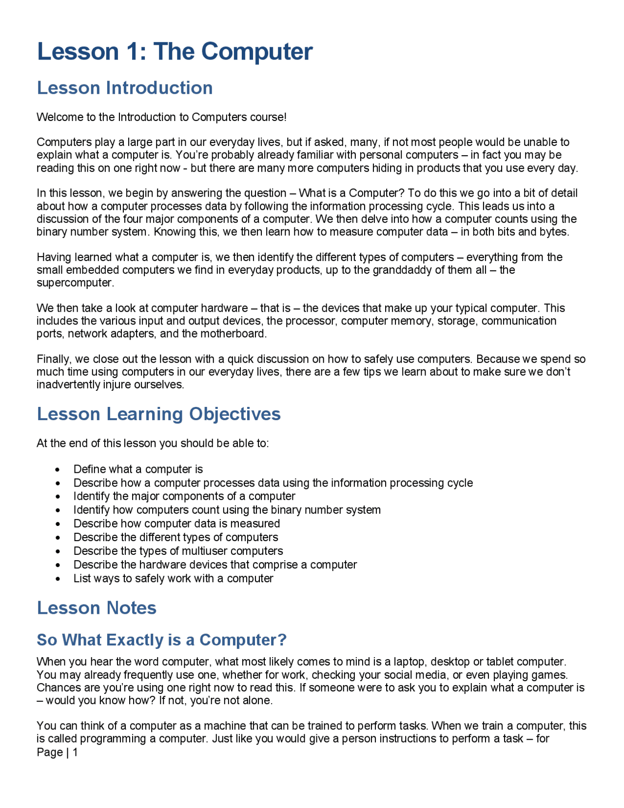 Basic Computer Introduction Notes For Students Lesson 1 to 5 lecture notes on introduction to computers. - Docsity