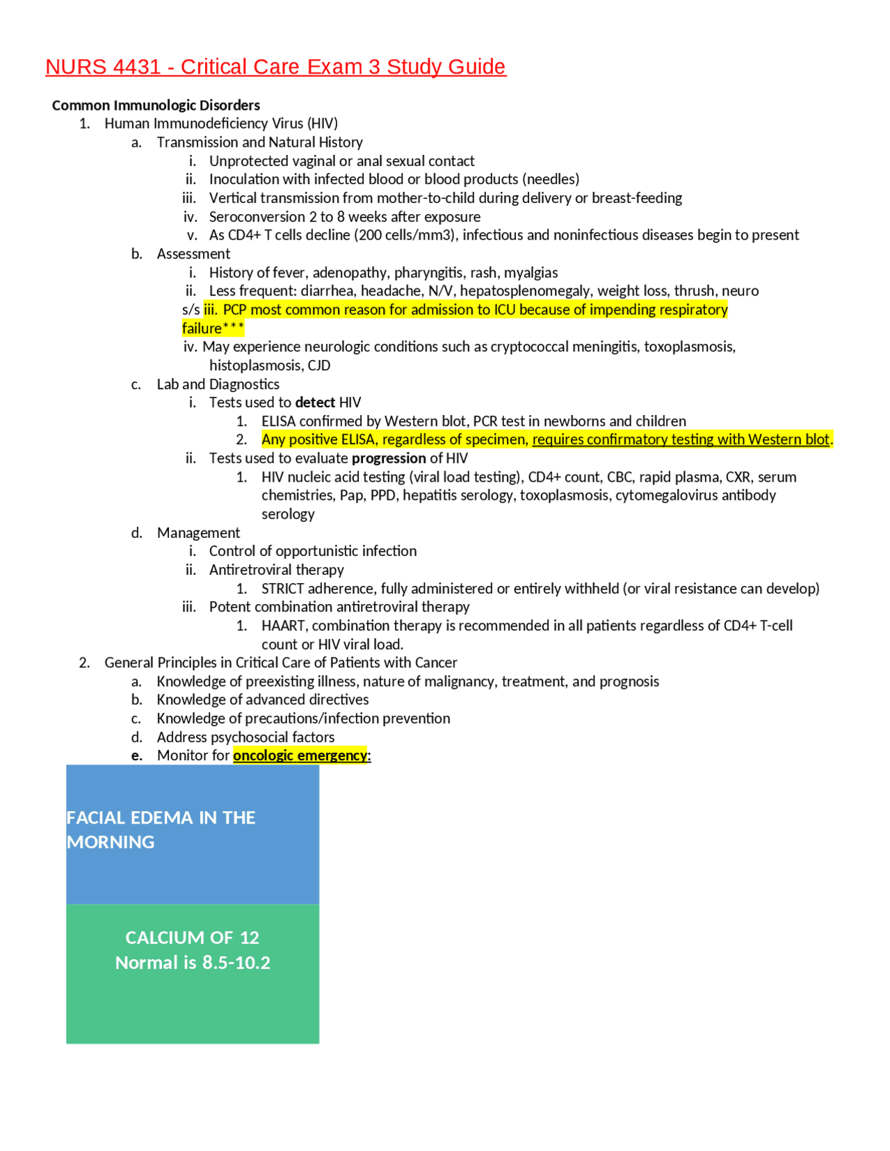 NURS 4431 - Critical Care Exam 3 Study Guide - Docsity