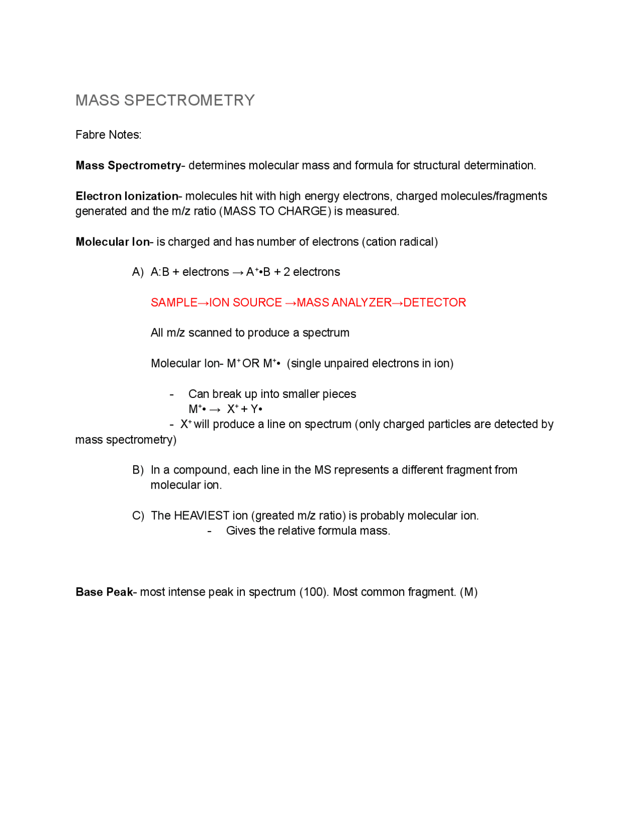 Chemistry lab notes for Masses, Spectometry, and more Docsity