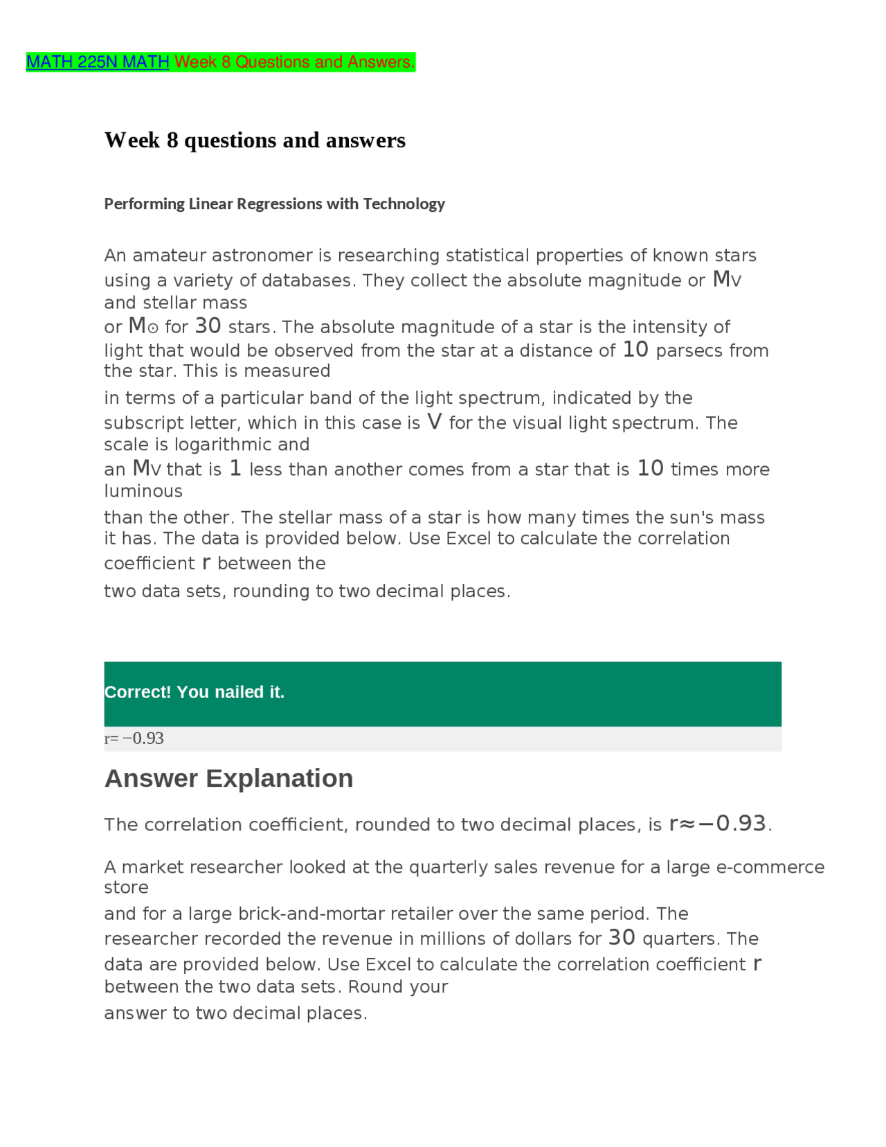 MATH 225N MATH Week 8 Questions and Answers. | Exams Mathematics | Docsity