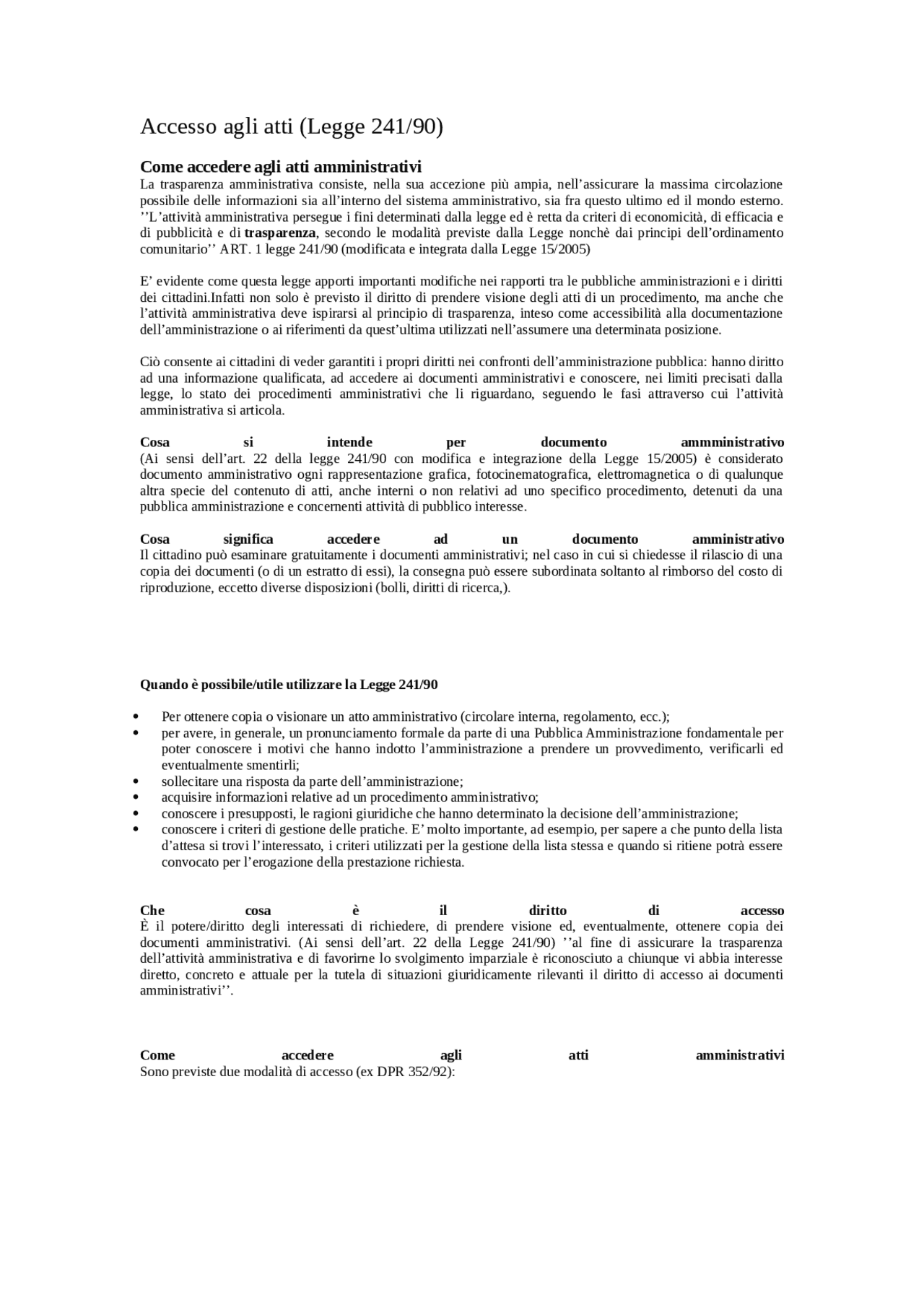 Accesso agli atti (Legge 24190). Docsity