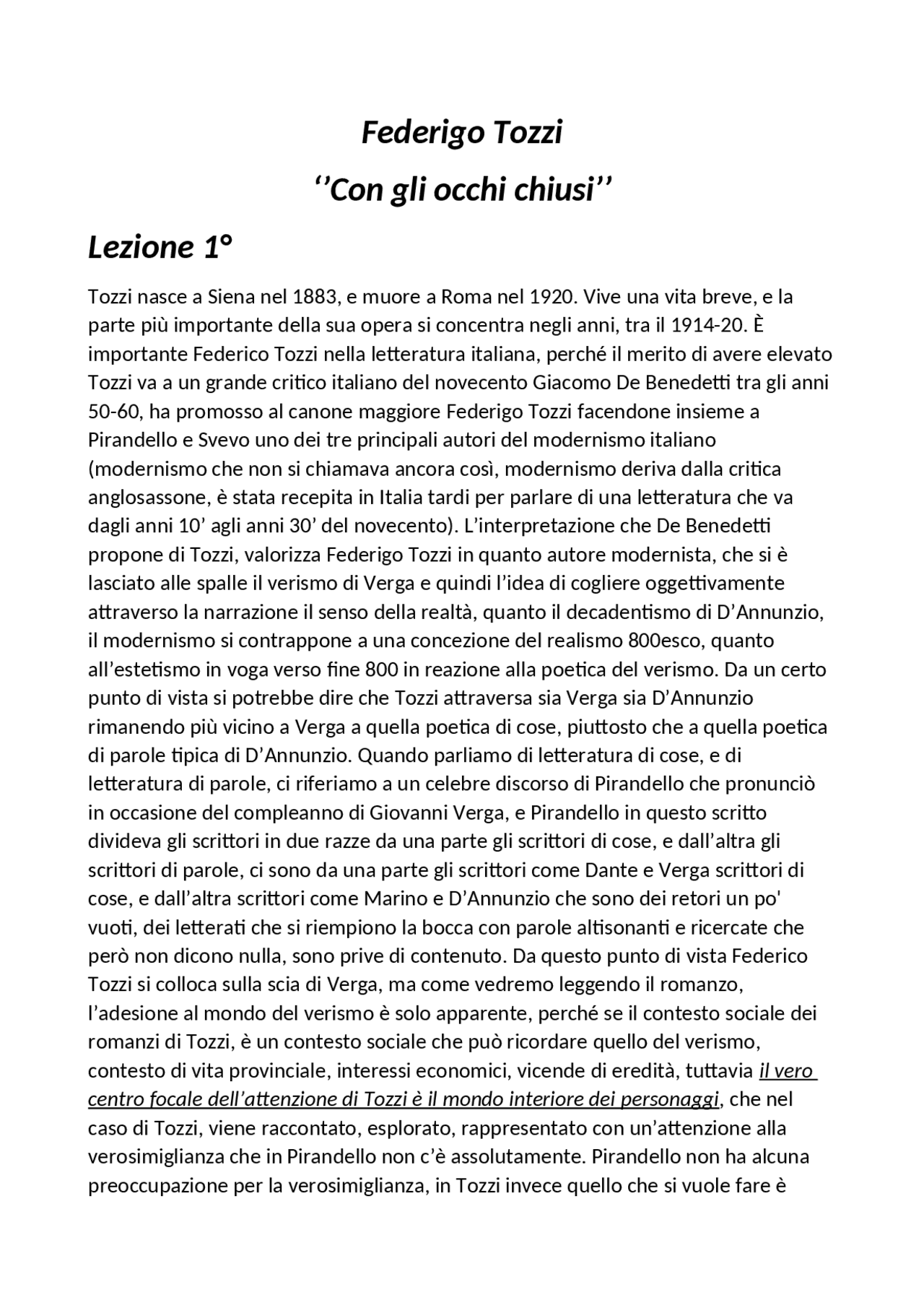 Federigo Tozzi appunti Docsity