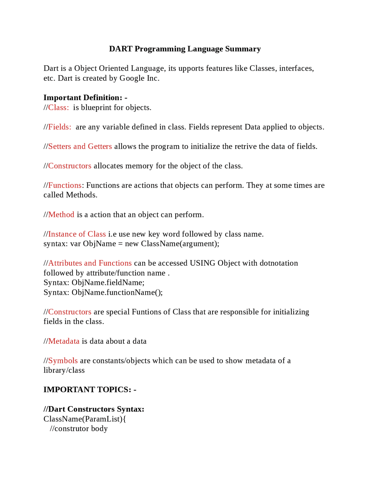 DART Programming Language Summary - Docsity