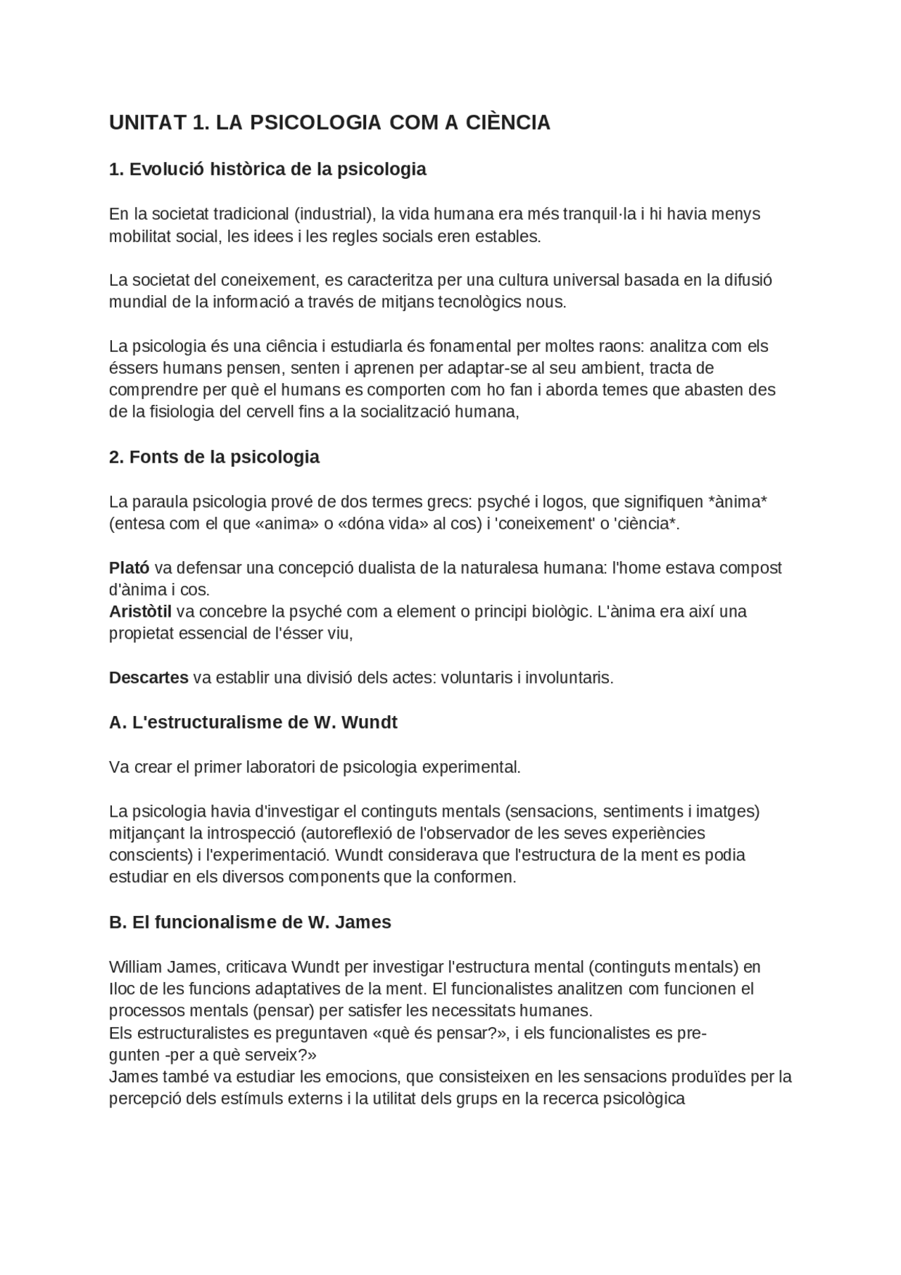 RESUM UNITAT 1 PSICOLOGIA - Docsity