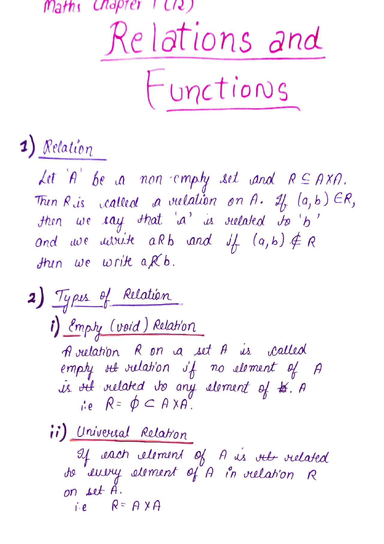 Mathematics - Relations and Functions Complete Handwritten Notes - Docsity