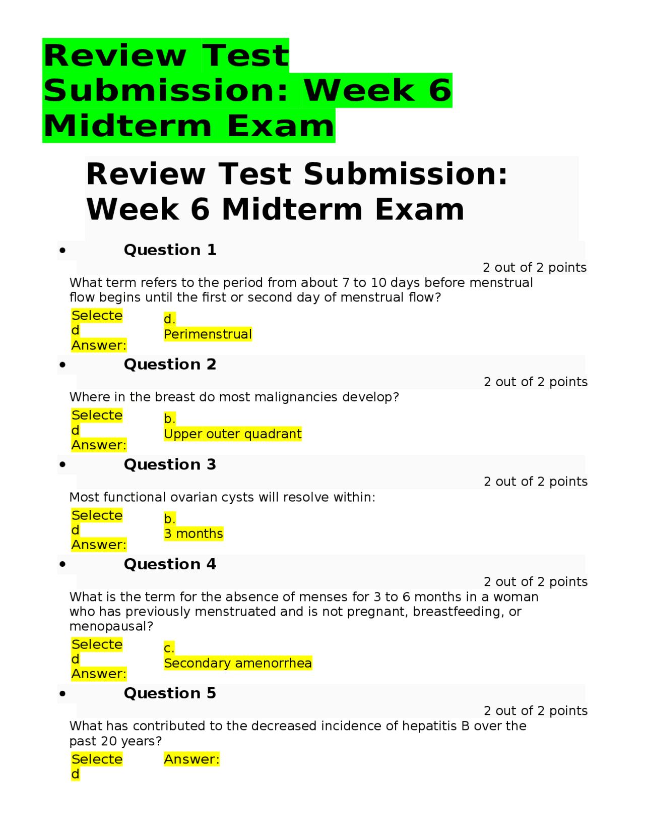 Review Test Submission: Week 6 Midterm Exam - Docsity