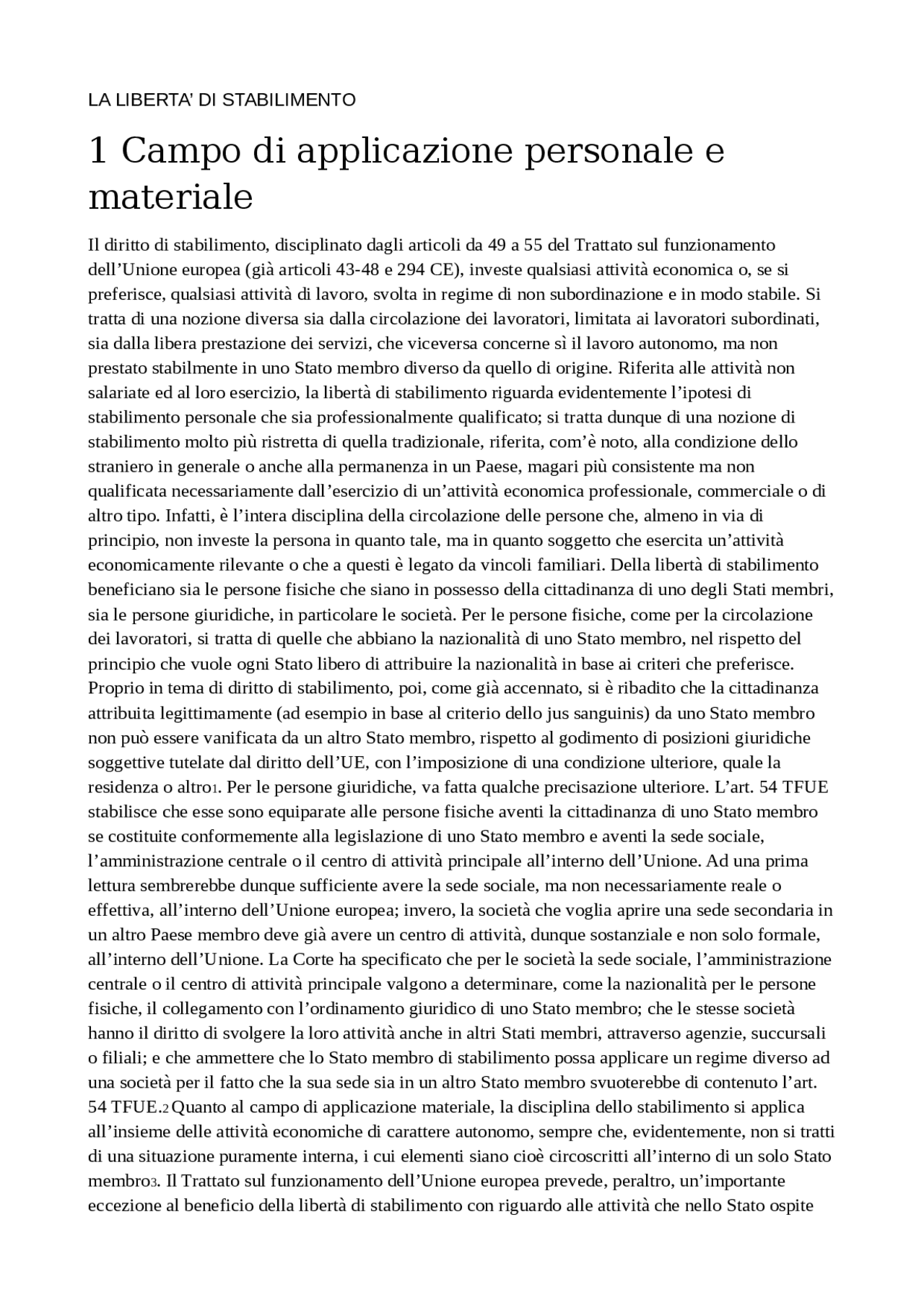 La libertà di stabilimento Dispense di Diritto Comunitario Docsity