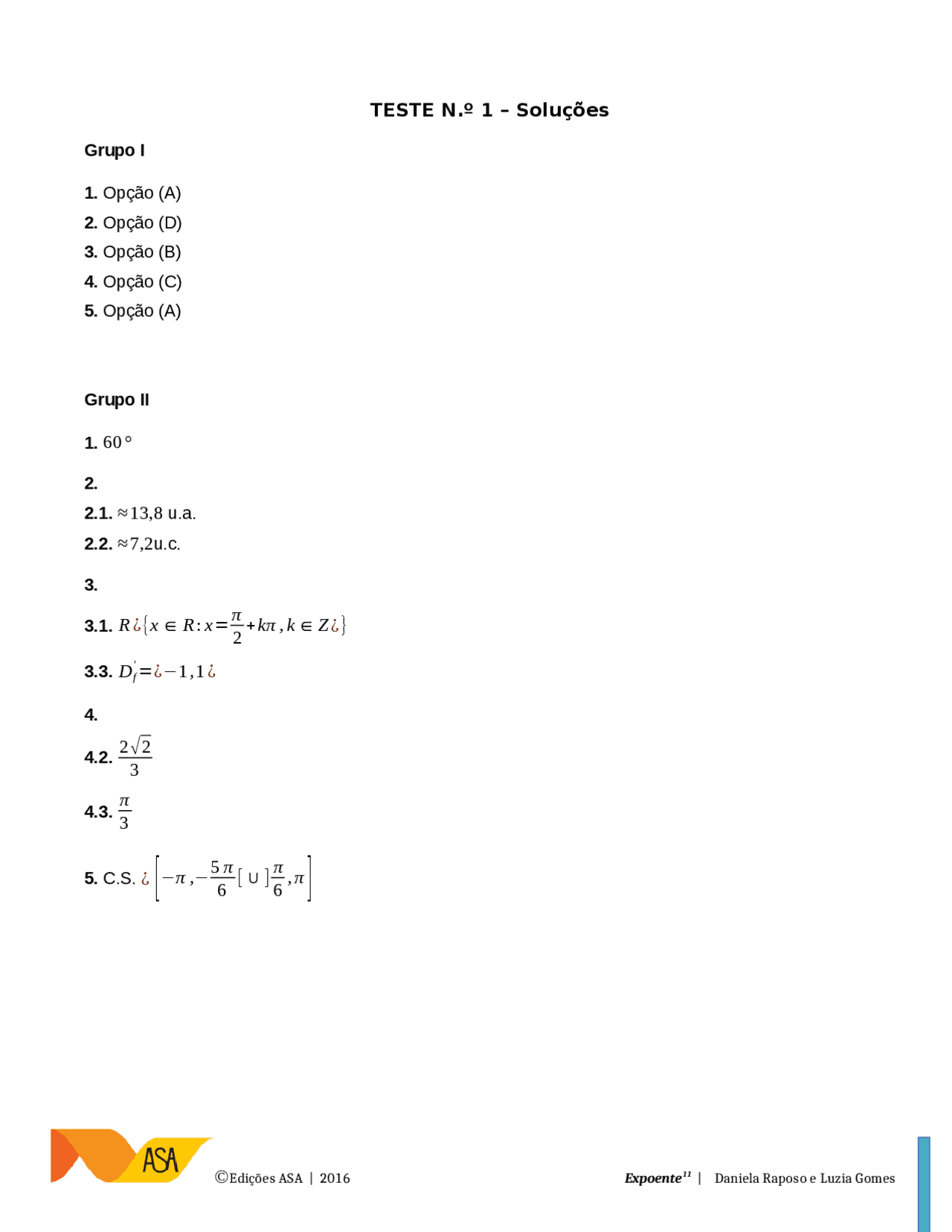 Soluções de um teste 11°ano | Exercícios Matemática | Docsity
