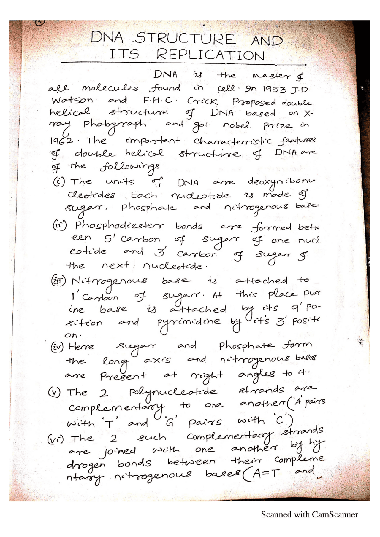 Biology - DNA Structure And Its Replication Handwritten Notes - Docsity