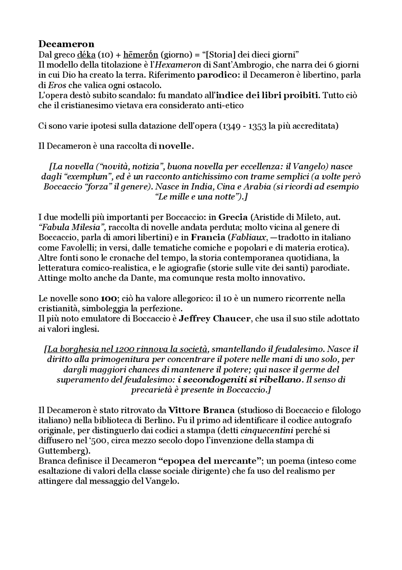 Decameron: introduzione all'opera - Docsity
