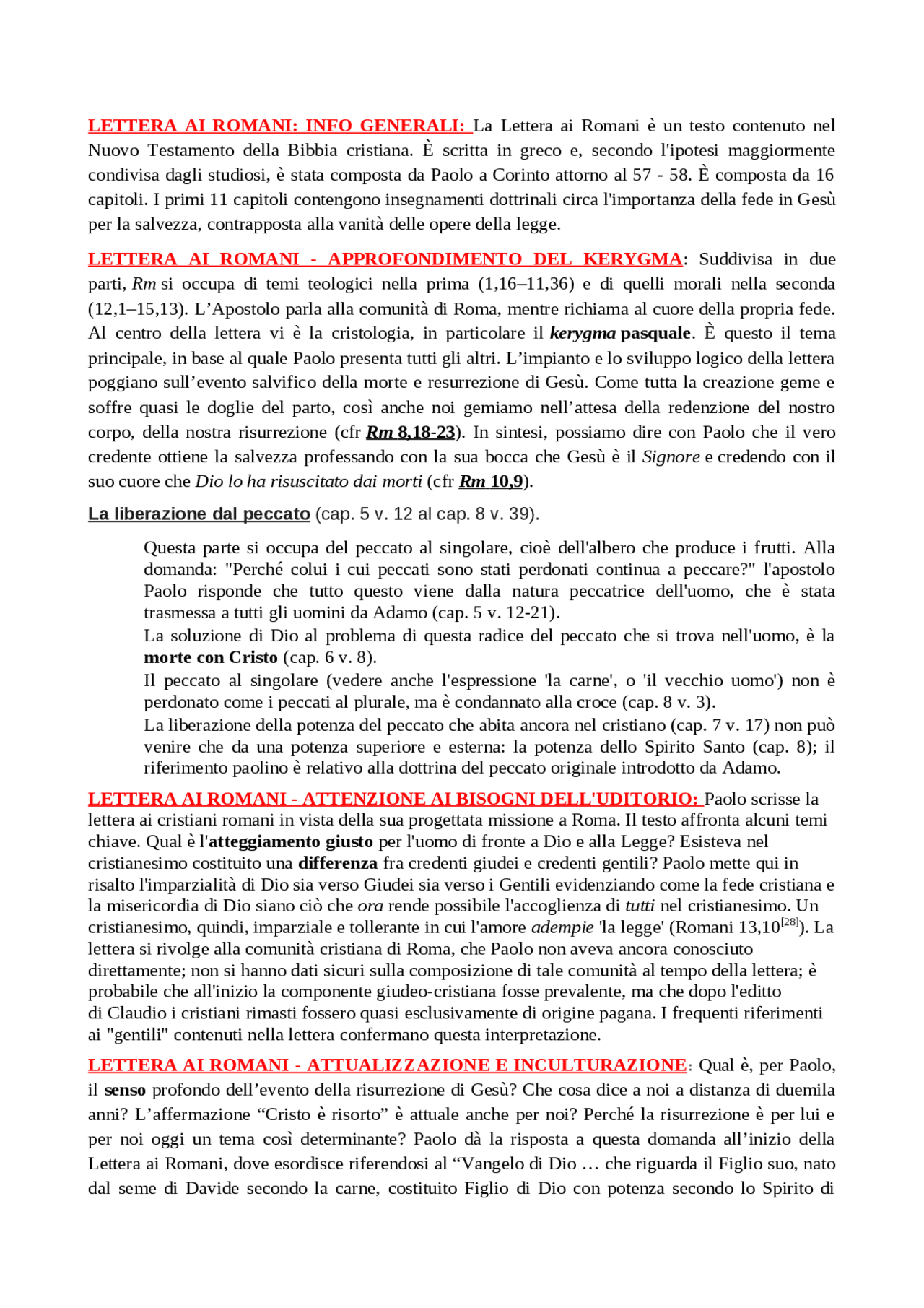 Lettera ai Romani contenuto catechetico Docsity